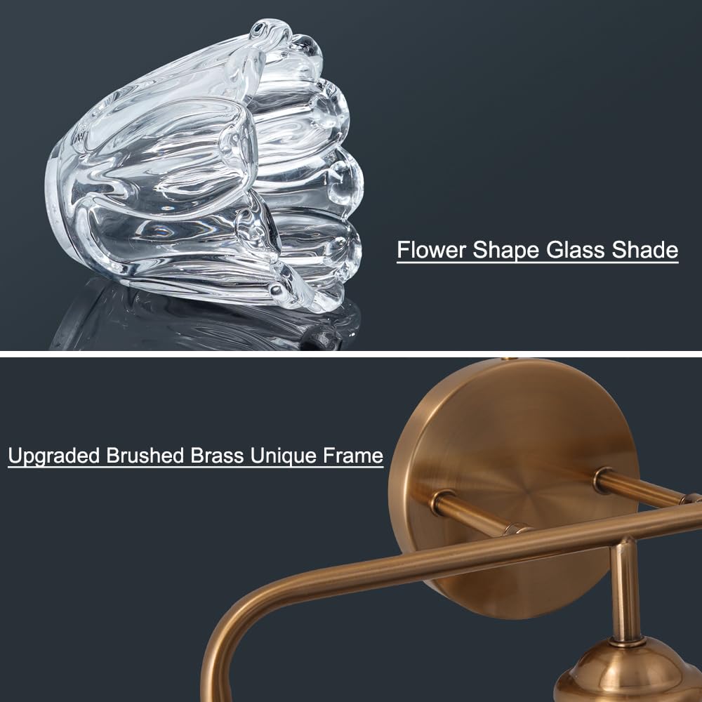 Daunton 3-Light Bathroom Vanity Light Gold  Vintage Vanity Light Fixtures Over Mirror  Brass Bathroom Light With Flower Glass Shade  Art Deco Wall Sconce Lighting For Bedroom  Living Room