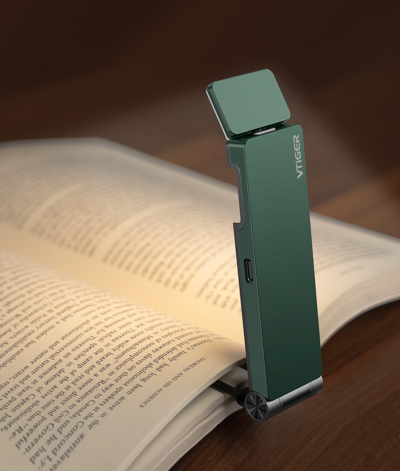 VTIGER USB Rechargeable Book Light, Foldable Clip-on LED, 3 Amber Colors, 4 Brightness Levels, Green, Model B1