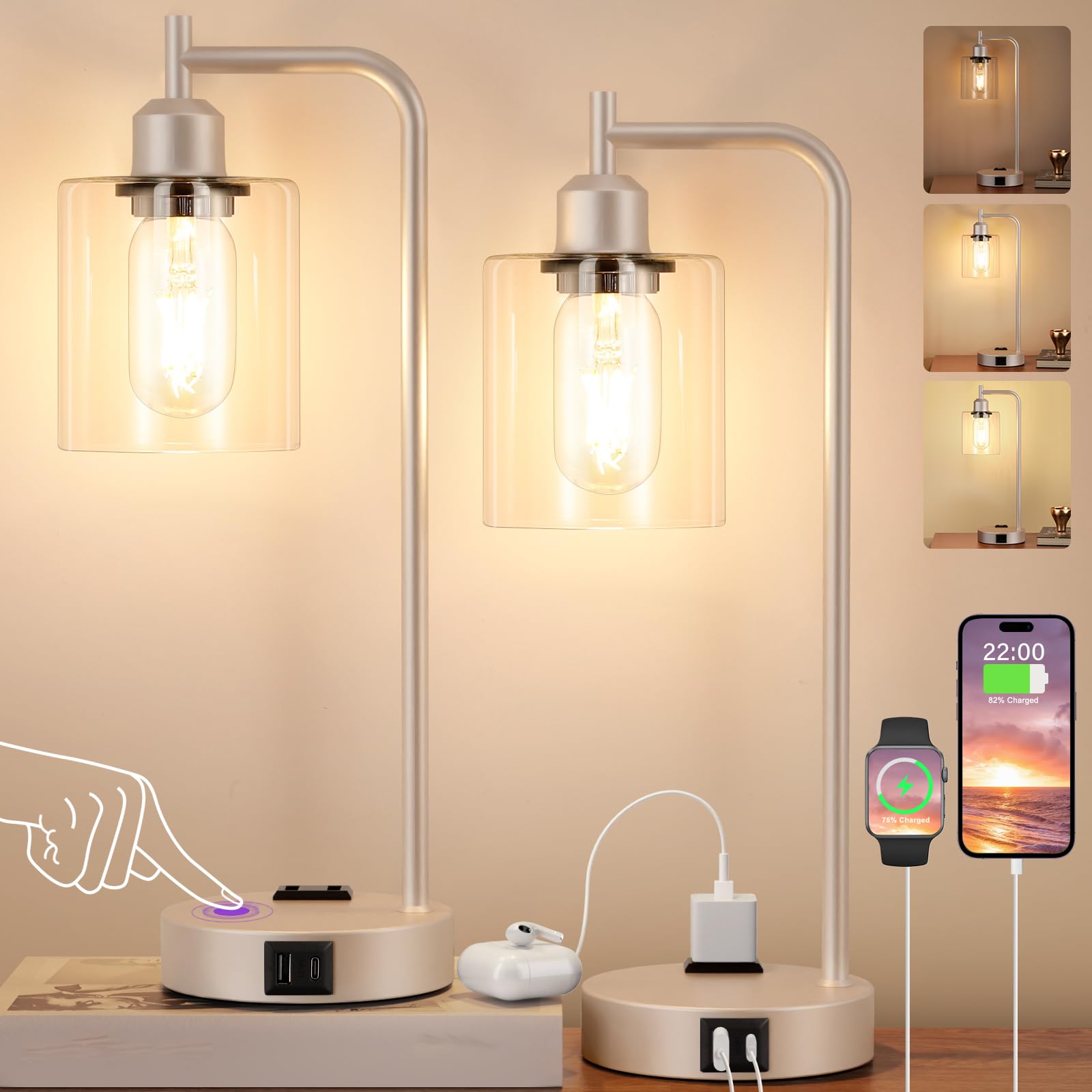 Industrial Touch Table Lamps For Bedrooms Set Of 2 - 3-Way Dimmable Lamps With Usb C+A Ports And Outlet, Champagne Gold Bedside