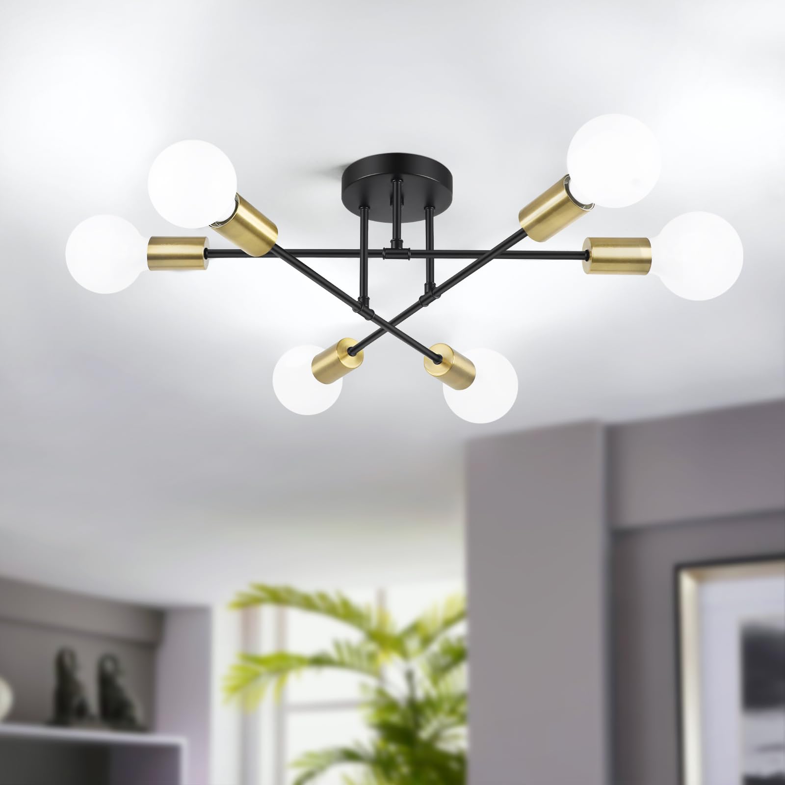 Modern Sputnik Chandelier, 6-Light Farmhouse Semi Flush Mount Ceiling Light Fixtures, Industrial Chandeliers for Dining Room Kit