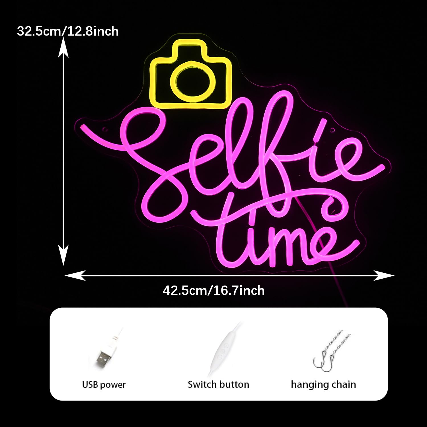 GNVETZLL Selfie Time Neon Sign LED Light Pink Yellow Acrylic 16.7x12.8in Dimmable USB Powered Wall Decor for Photography Studio