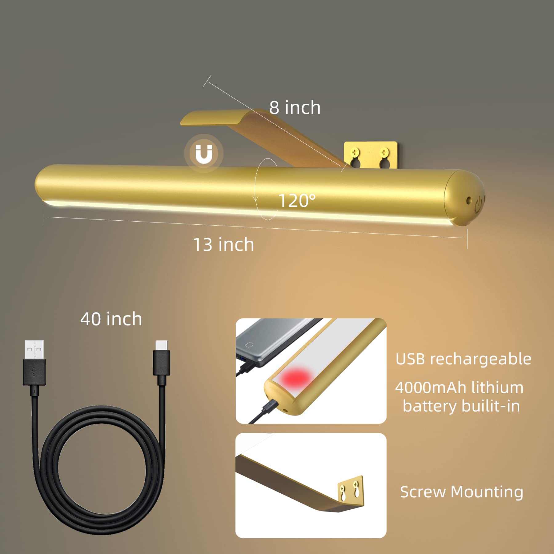 Yaqiihome Gold Wireless Picture Light With Remote, Dimmable Led Art Display, 13'' Aluminum Mount