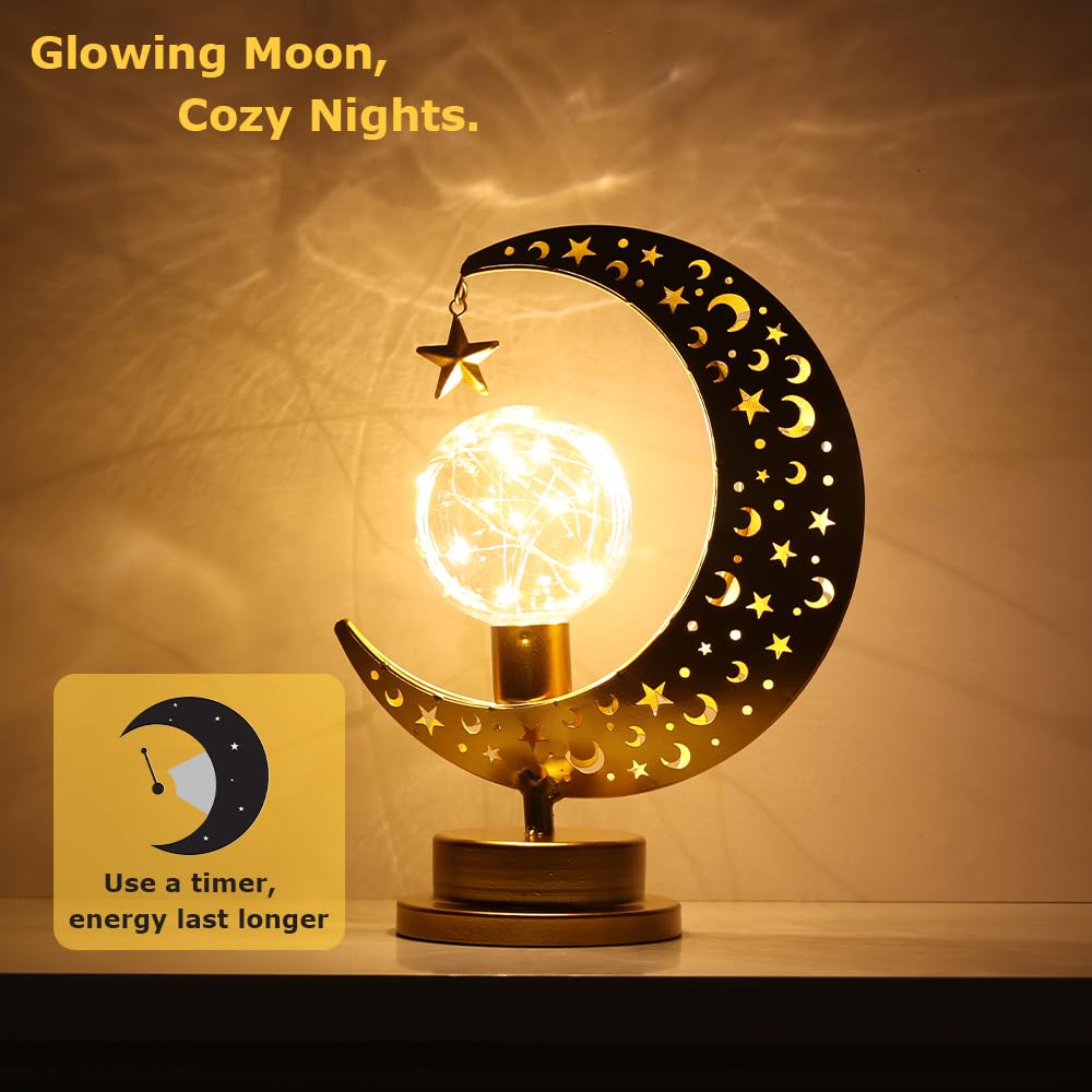 Decorkey Moon Lamp, Ramadan Decorations Indoor And Outdoor,Moon Star Lamp With Led Bulb & Timer Function Table Decor,Ramadan,Eid Home Decor, Gifts
