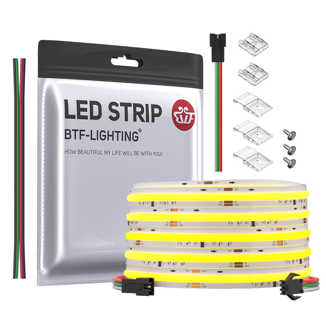 Btf-Lighting Fcob Cob Led Strip Addressable Ws2811 Ic 3000K Warm White Flexible High Density Uniform Chasing White Light 16.4Ft Dc24V Cri 90+ 360Led/M For Indoor Decor(No Adapter Or Controller)