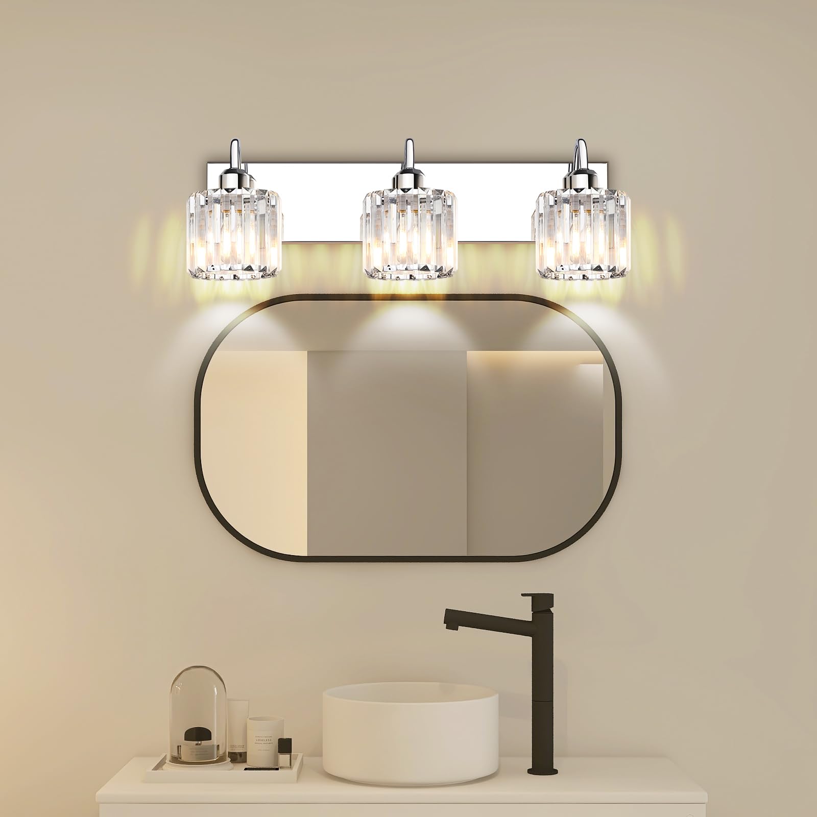 Valytime Bathroom Vanity Light, 3-Light Chrome Fixture, Polished Stainless Steel, Clear Crystal