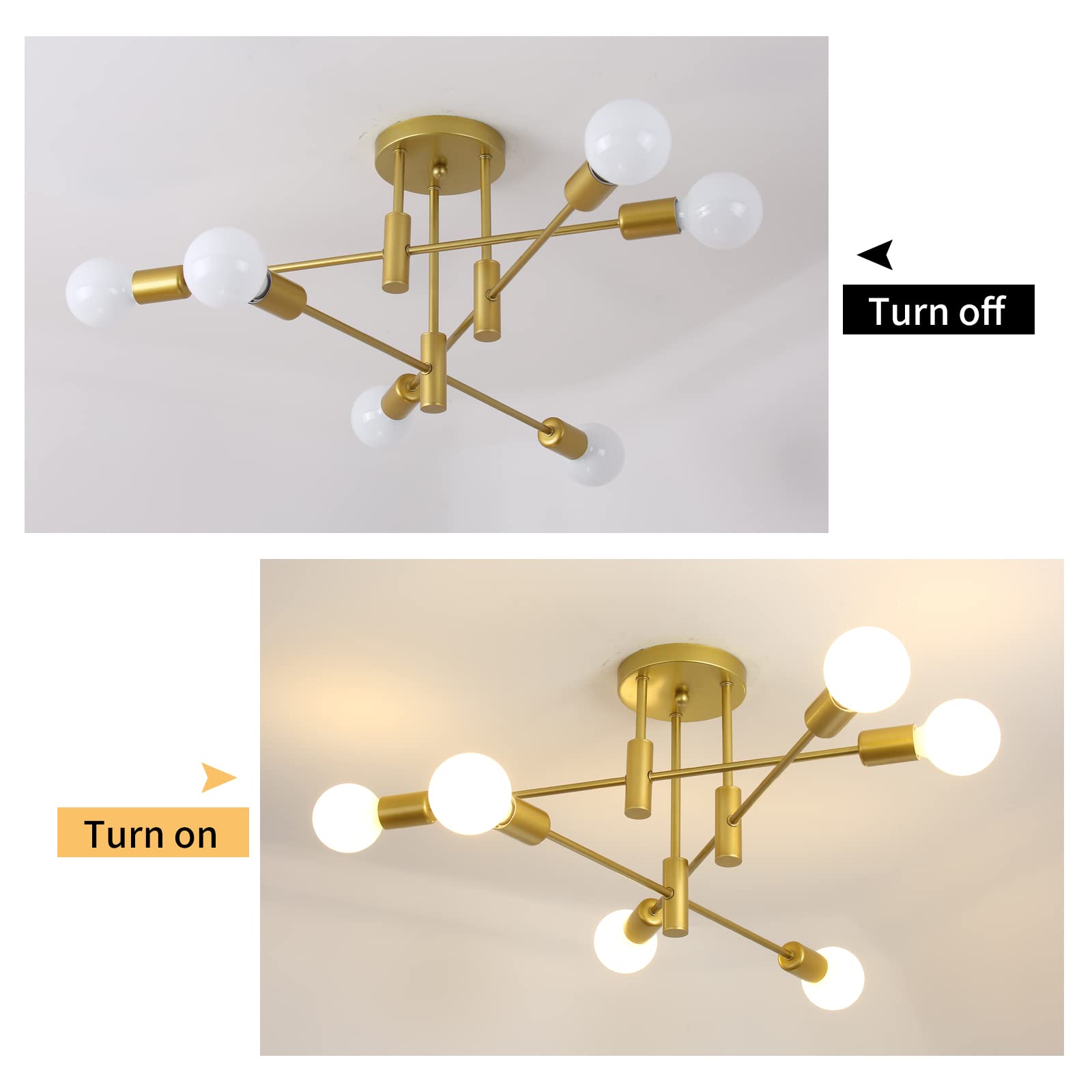 Garwarm Gold Modern Sputnik Chandelier Ceiling Light Fixtures,6-Lights Industrial Semi Flush Mount Ceiling Light For Bedroom Din