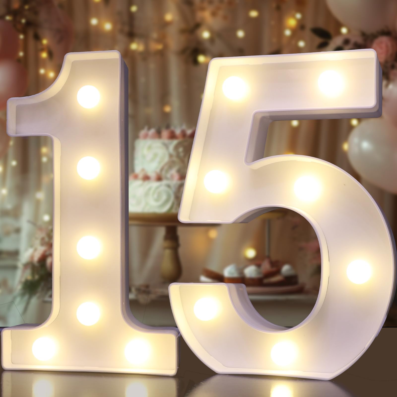 Pooqla Decorative Led Light Up Number Letters, White Plastic Marquee Number Lights Sign for 15th Birthday Party Wedding Decor Battery Operated Number (15)