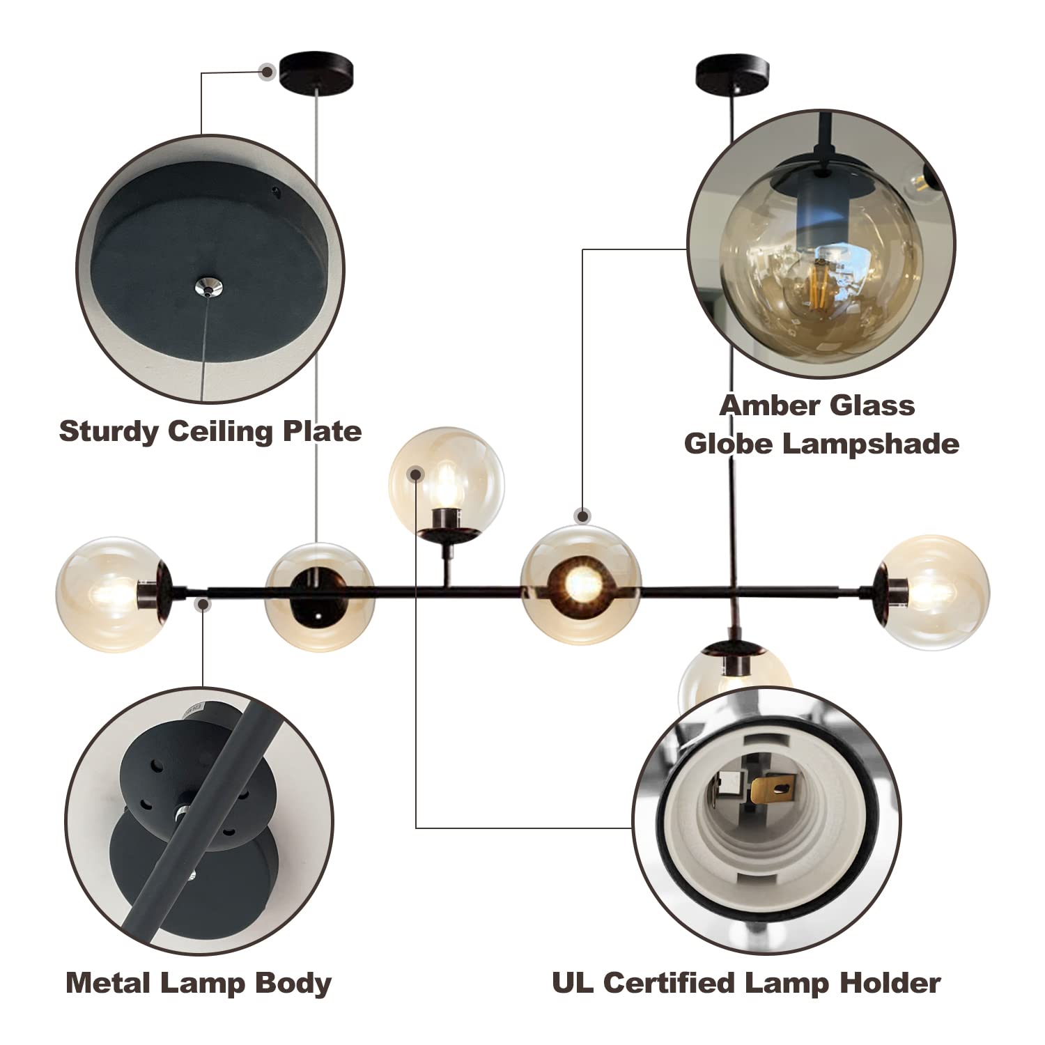 KCO 6-Light Modern Globe Sputnik Chandelier, Black+Amber Metal Pendant Light, Adjustable Dining Room Fixture, Model L1039-Black