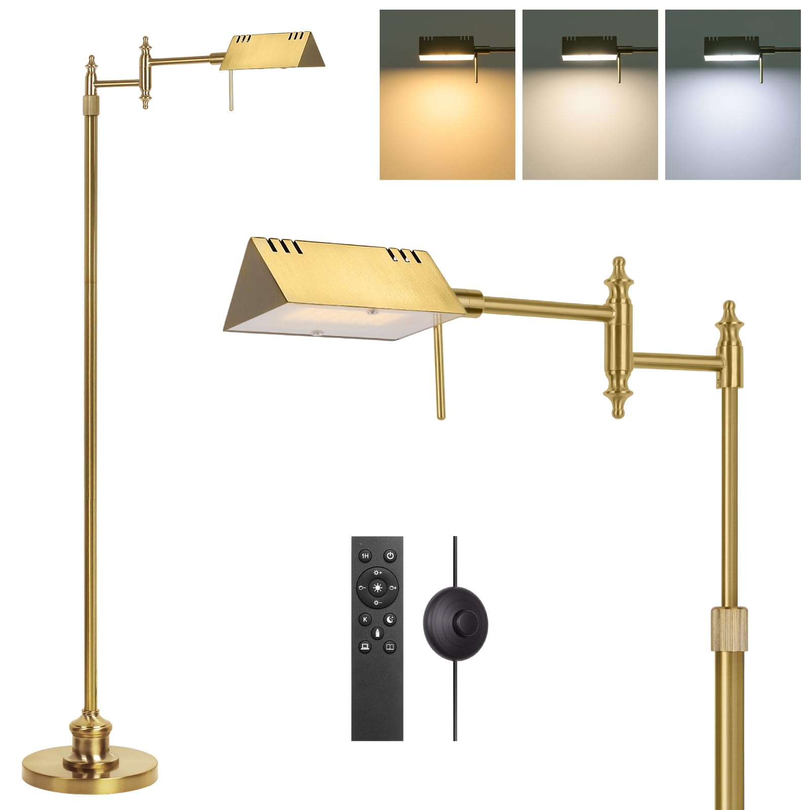 Dimmable Healthcare Floor Lamp with Remote  17W Gold LED Reading Floor Lamp with 360Swing Arm  3 Color Temperature  Height Adjustable Standing Task Lamp for Living Room  Bedroom  Office  Antique Brass