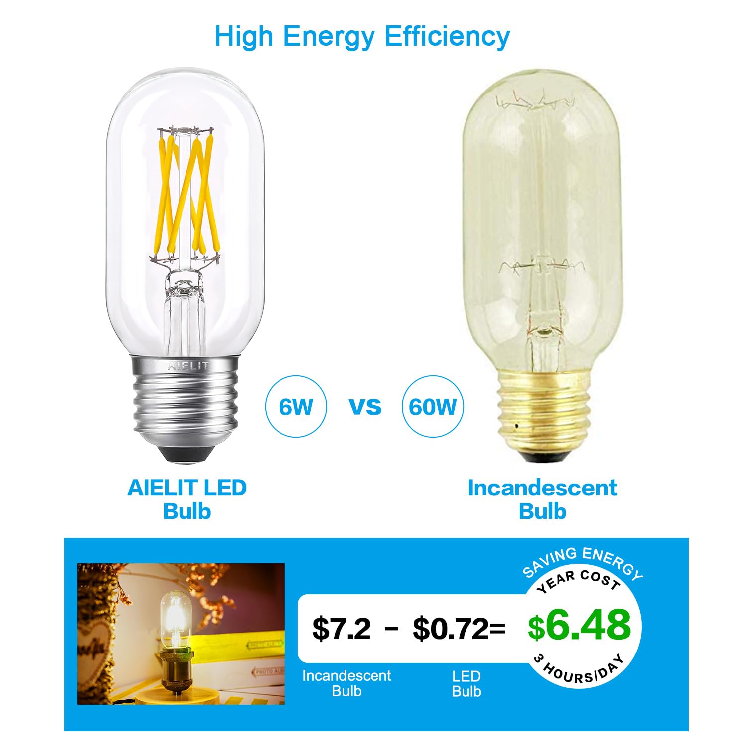 Aielit T45/T14 6W E26 Led Tube Bulb 60 Watt Equivalent, Dimmable(0-100%), Soft White 3000K, Antique Edison Filament Light Bulbs