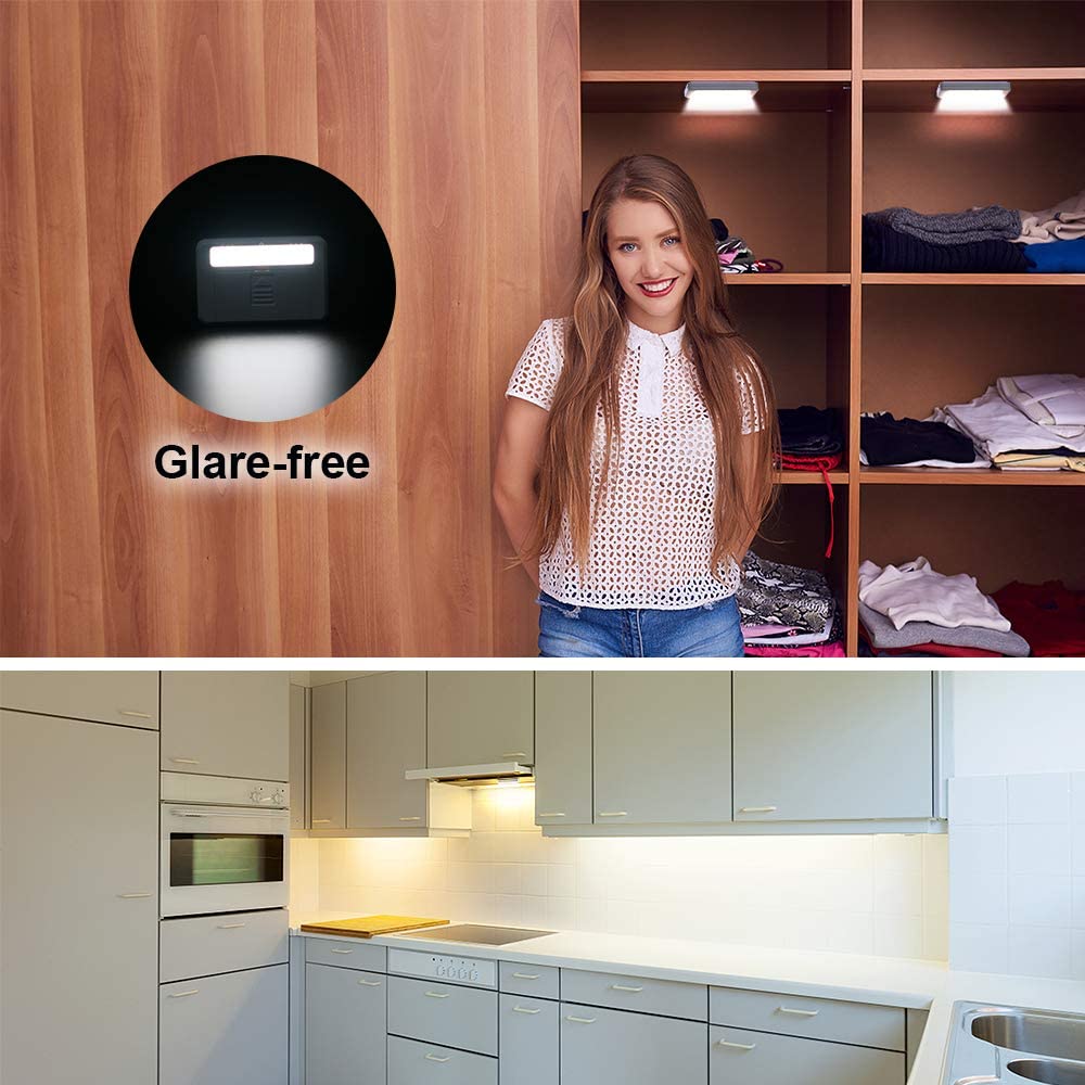 Amagle Magnetic Door Open Sensor Lights - Battery Operated LED Puck Lights for Cabinets, White/Grey, Model GH-400, 4 Pack