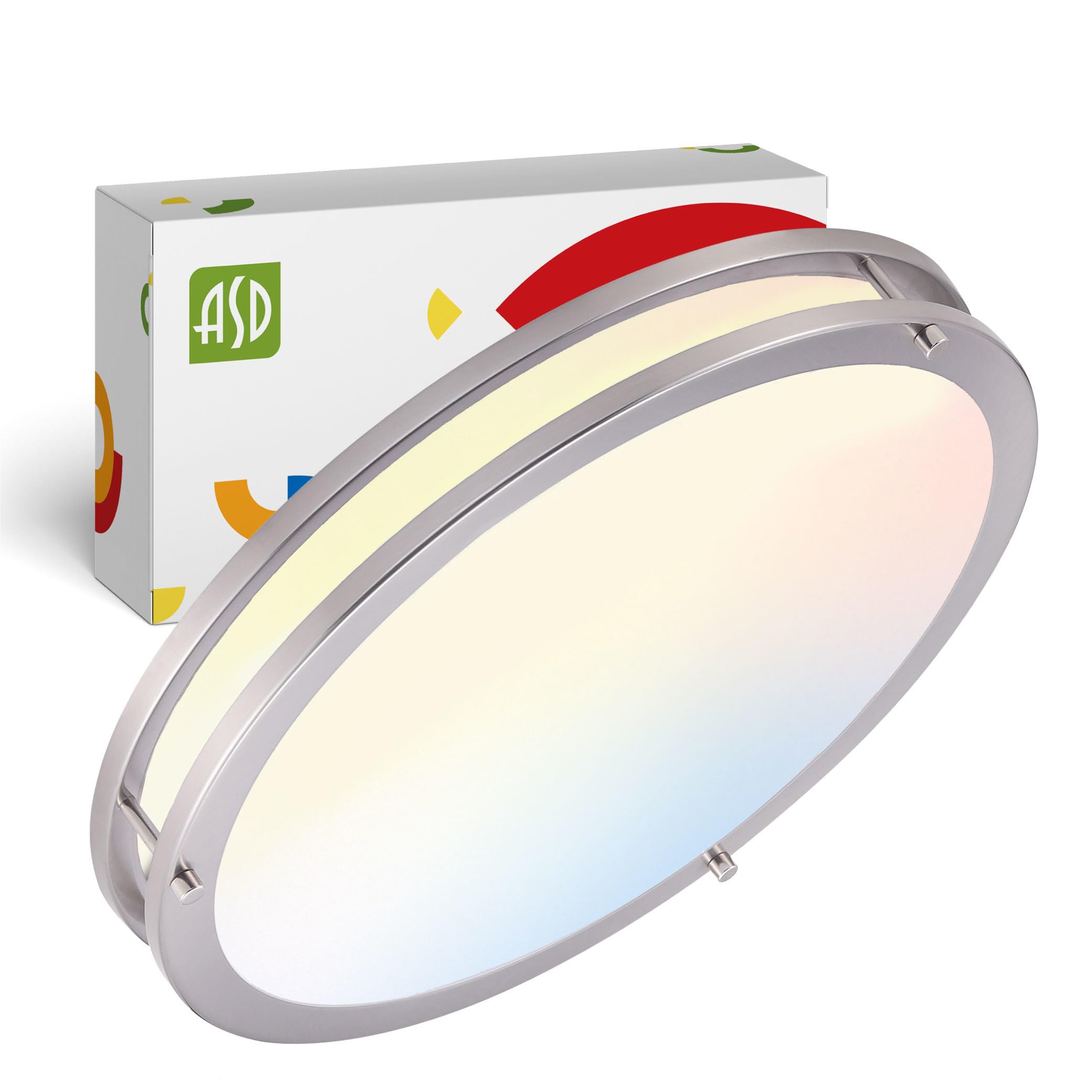 Asd Led 18 Inch Round Flush Mount Light Fixture | 28W 2750Lm 3000K-5000K 100-277V | 3Cct  Dimmable  Energy Star  Etl Listed | Close To Ceiling Double Ring Lamp  Low Profile Lighting | Nickel