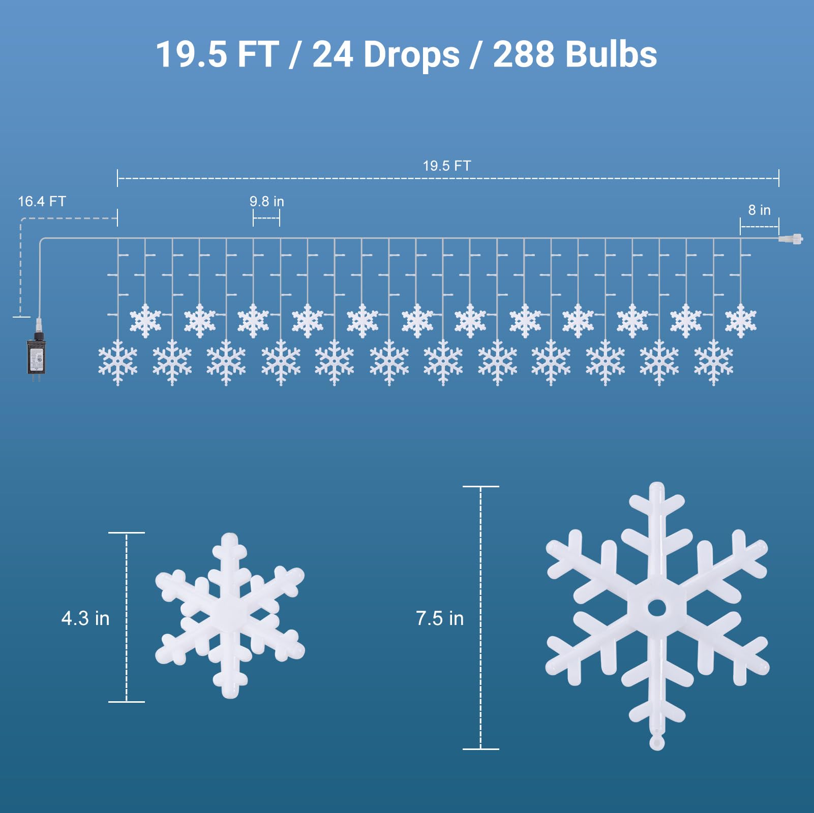 Brightown Christmas Snowflake Icicle Lights, 19.5FT, 288LED, 12 Modes, Timer, IP65 Waterproof, Connectable, White