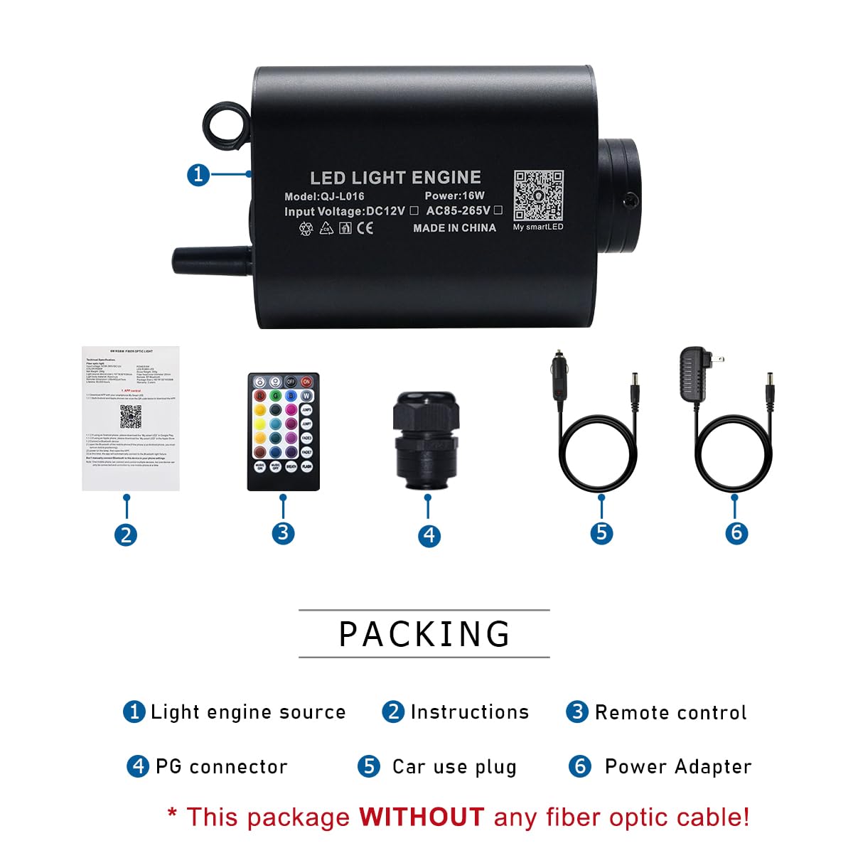 AKEPO Bluetooth APP Control Fiber Optic Light Source, 16W, RGBW, Aluminum, Model QJ-L016, Multiple Colors, Music Activated, Remote Control