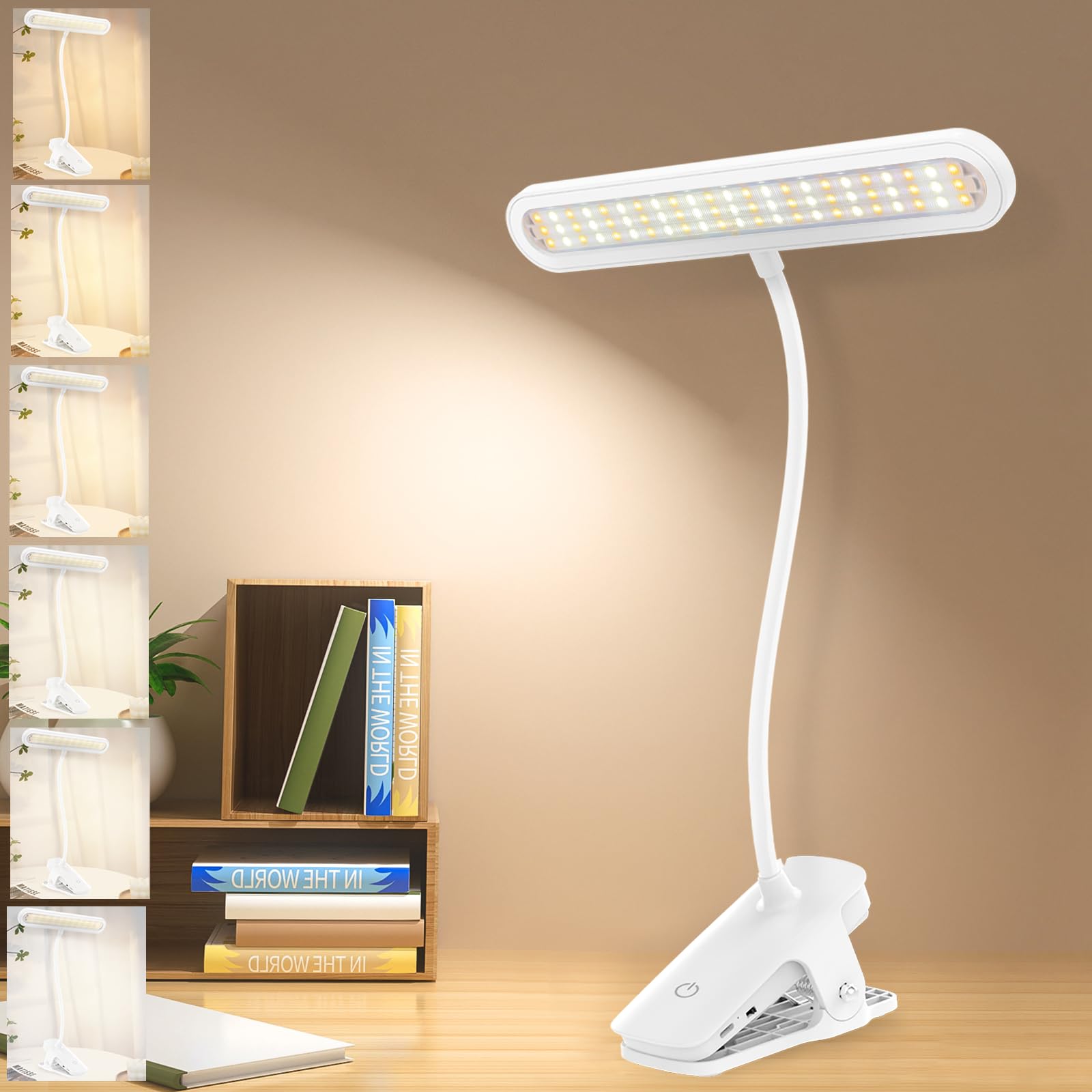 deaunbr Clip on Light, Reading Lights for Books in Bed, Eye Caring 66 LEDs Book Lights, 4 Brightness & Multiple Color Temperatur