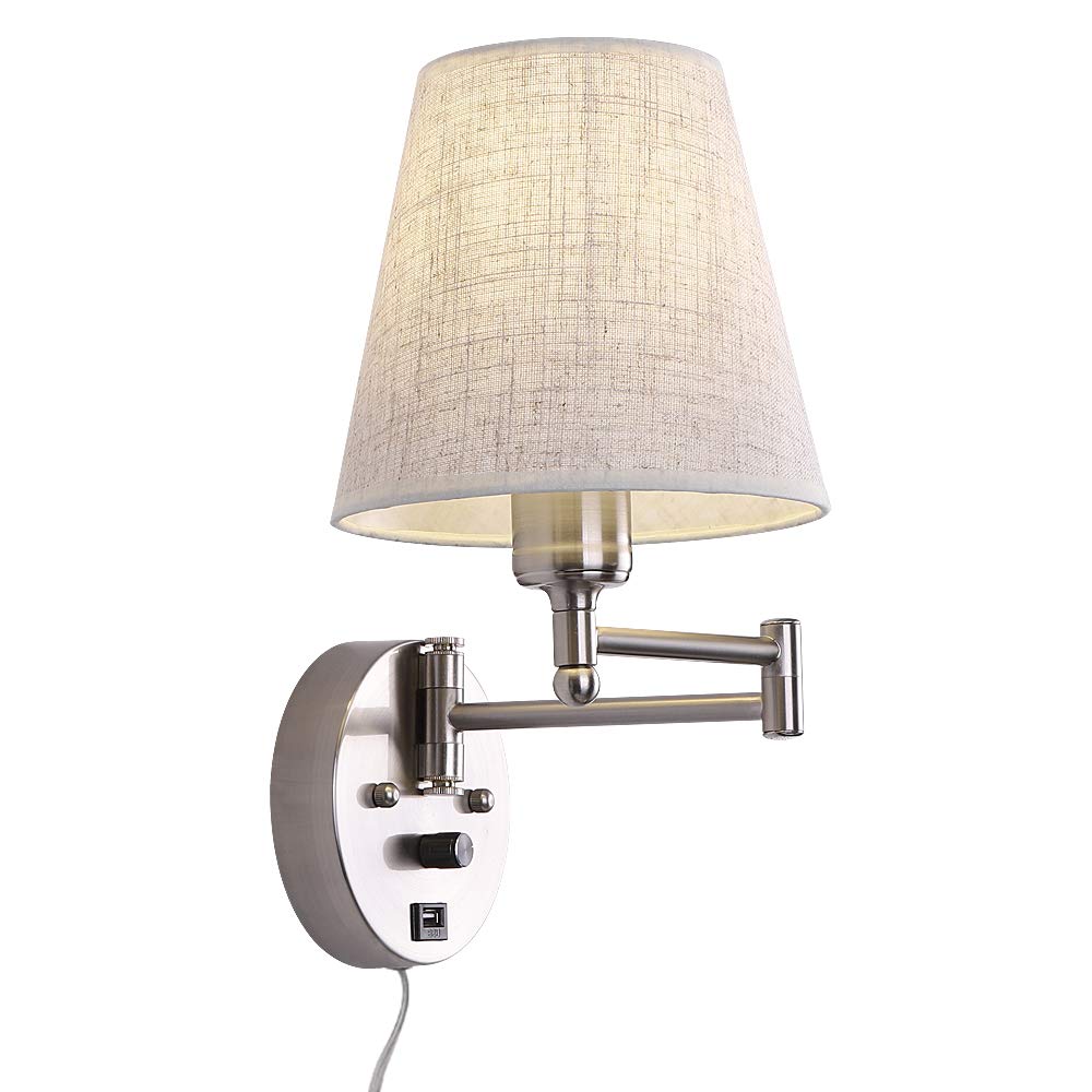 Affsure Bedside Wall Mount Light with Dimmable Switch and USB Port, Swing Arm Fabric Shade Wall Sconce Light with Plug in Cord, 