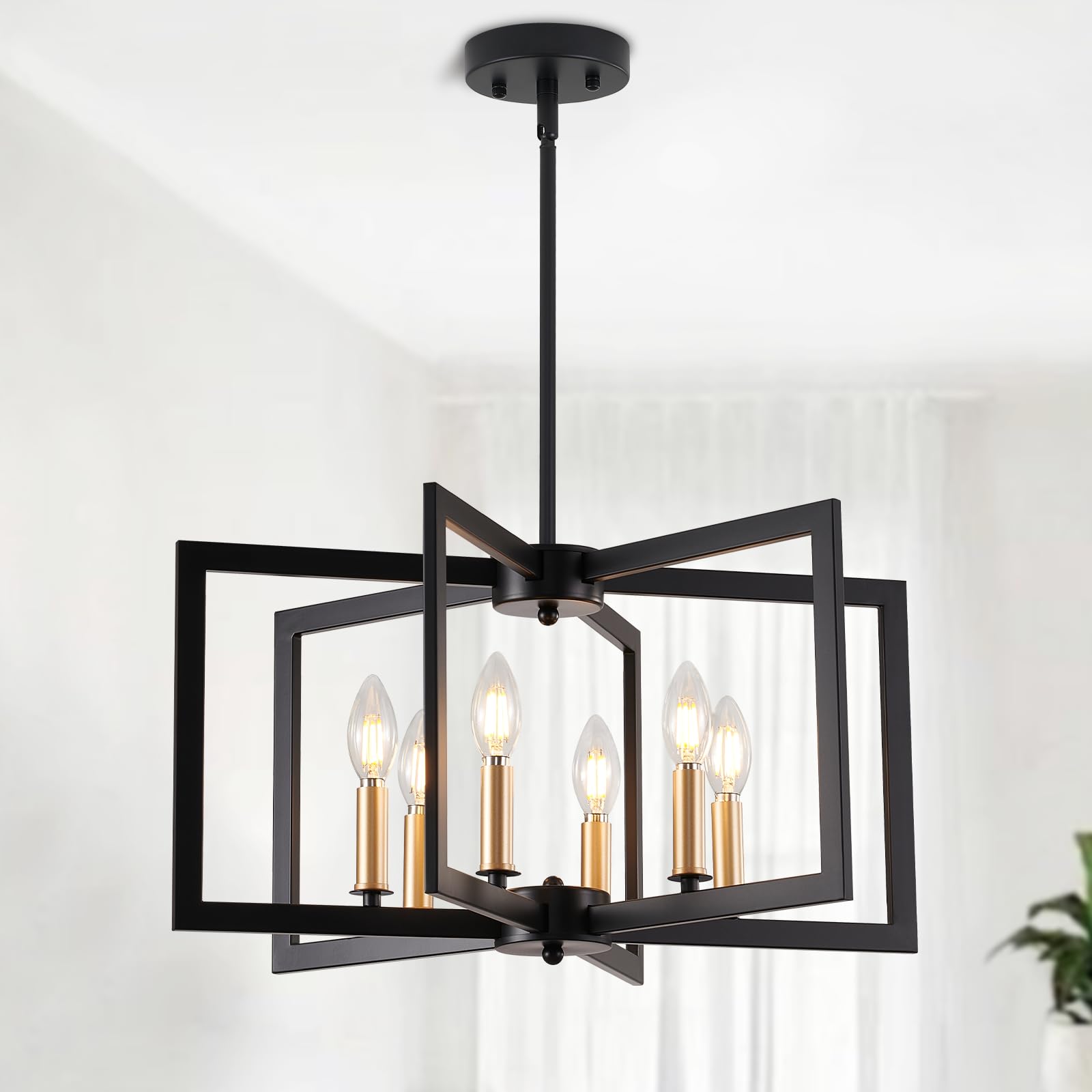 Miaybph Black Chandelier, Dining Room Light Fixture Geometric Metal Modern Industrial Chandelier Lighting For Farmhouse Living Room Entryway Kitchen (E12 Bulbs Not Included, 6 Light, Black Gold)
