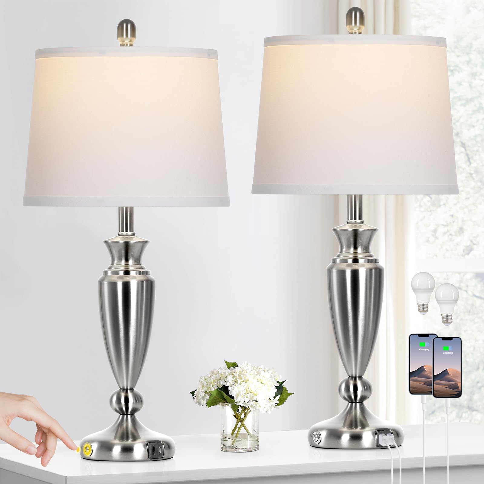 Rinweey Metal Table Lamps Set of 2, 3 Way Touch Control Silver Bedside Lamps with USB A+C Ports, Modern Brushed Nickel Nightstan