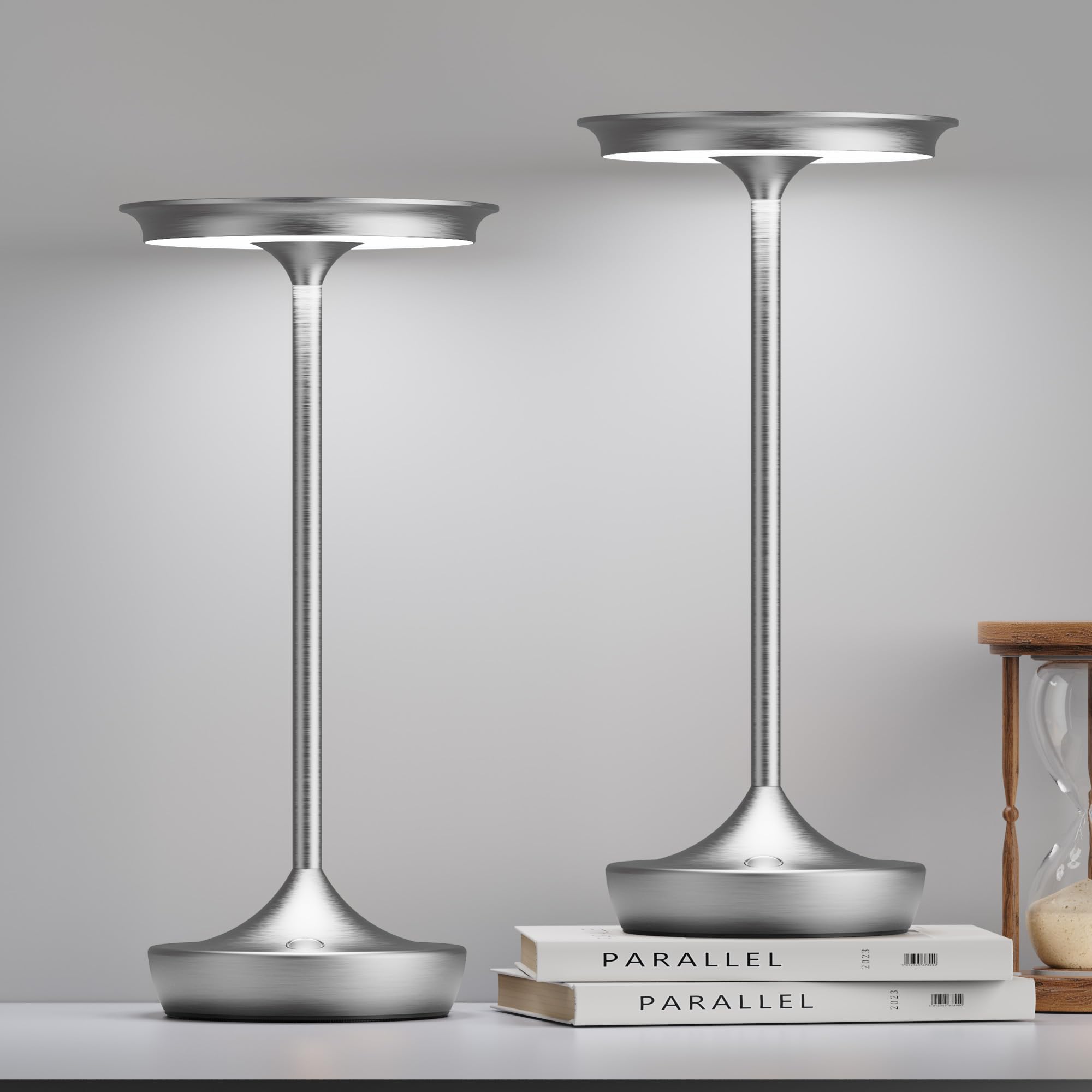 SHANGCAI LED Cordless Table Lamps - Rechargeable, 3 Color Stepless Dimming, Aluminum, 2 Pack, Silver