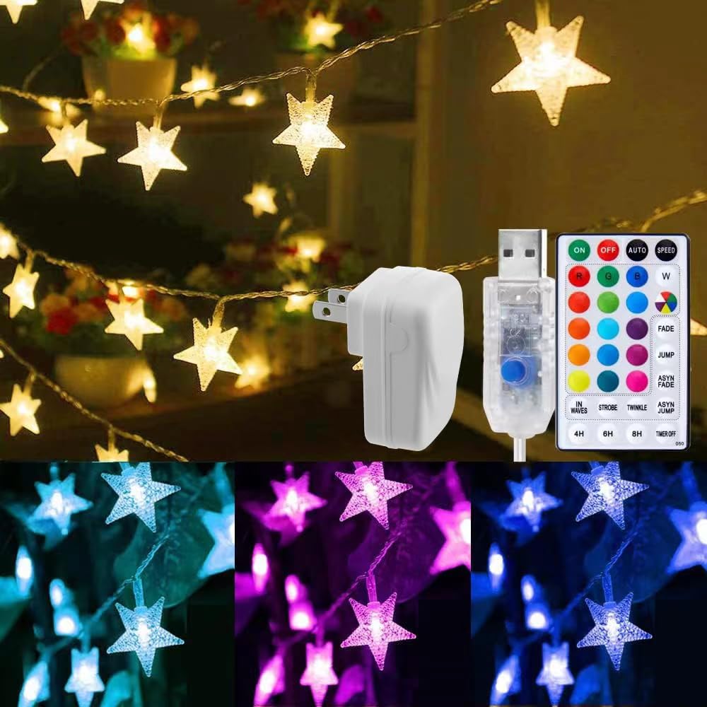Minetom Star String Lights - 100 LED USB Color Changing, Waterproof, 33 ft, Warm White, Remote & Timer for Parties & Decor
