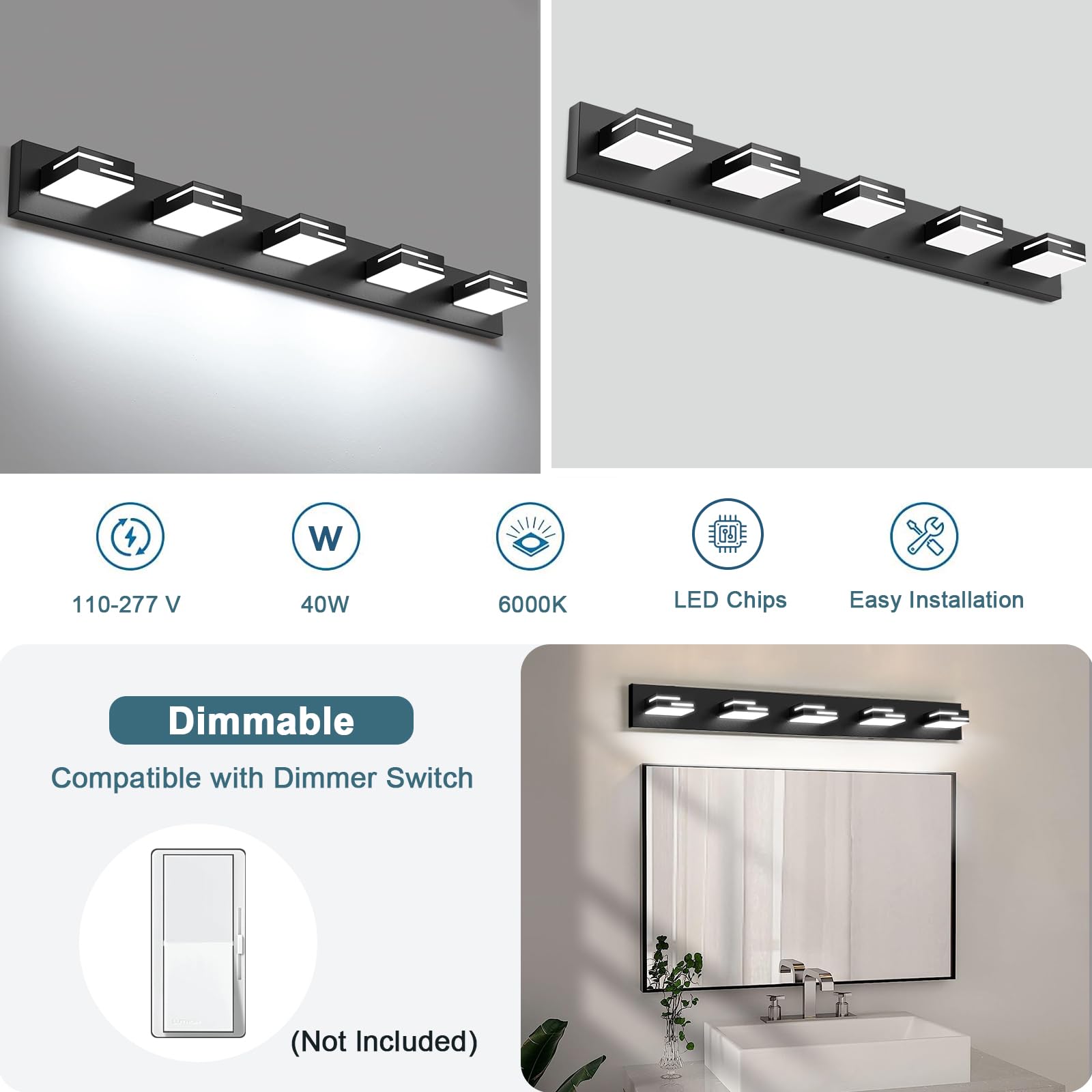 Lkhf Led Modern Bathroom Vanity Light Fixtures  5-Light 34-Inch Dimmable Matte Black Vanity Lights For Bathroom Lighting Fixtures Over Mirror  With 350?Rotatable Acrylic Heads (Cool White 6000K)