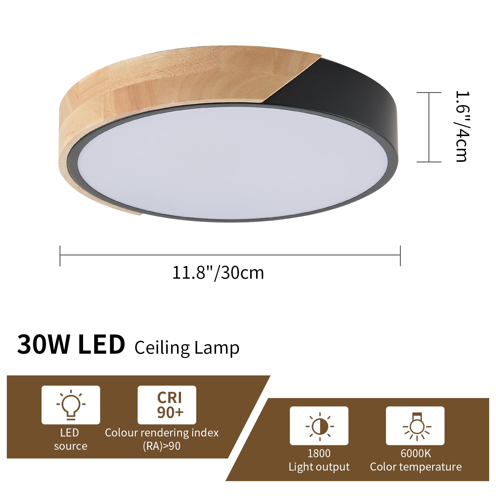 Lufun Led Ceiling Lights,12 Inch Black Modern Flush Mount Lighting Fixture,Round Shaped Wood Ceiling Lighting,30W,6500K Cool Whi
