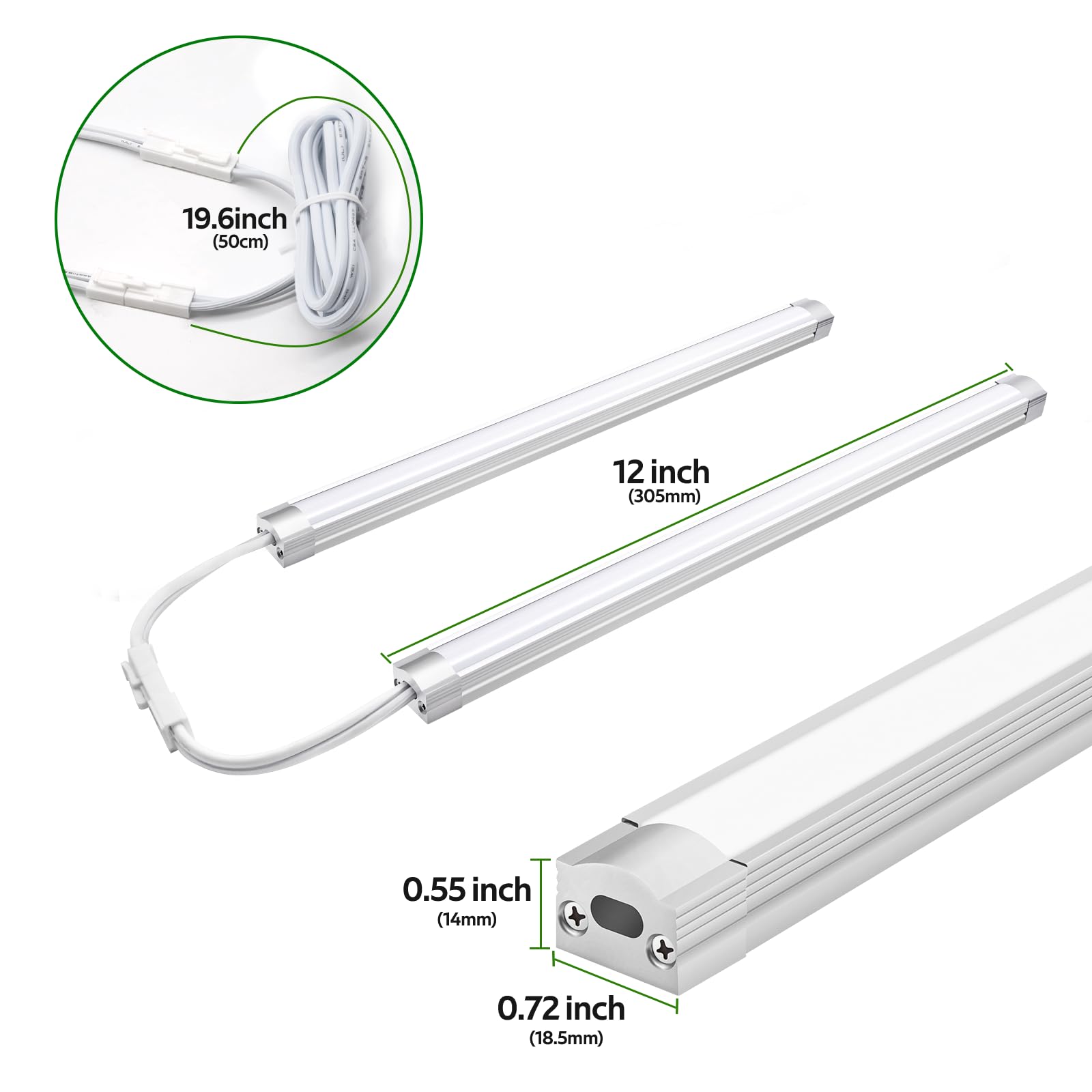 AIBOO Dimmable Under Cabinet Lighting, 12in LED Bar Lights, Warm White 3000K, Aluminum, Model ABUS-120V, Plug-in & Hardwired, 6