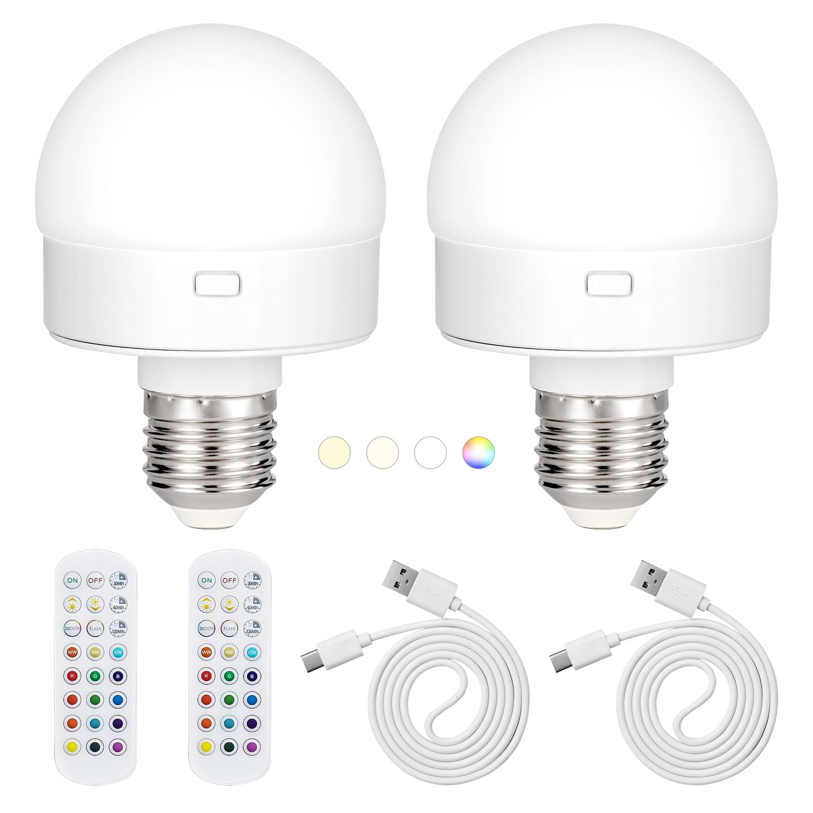 JIOODICH. 2 Pack Rechargeable LED Light Bulbs with Remote, Wireless Battery Operated Dimmable Bulb with 3 Timer Settings, 15 Col