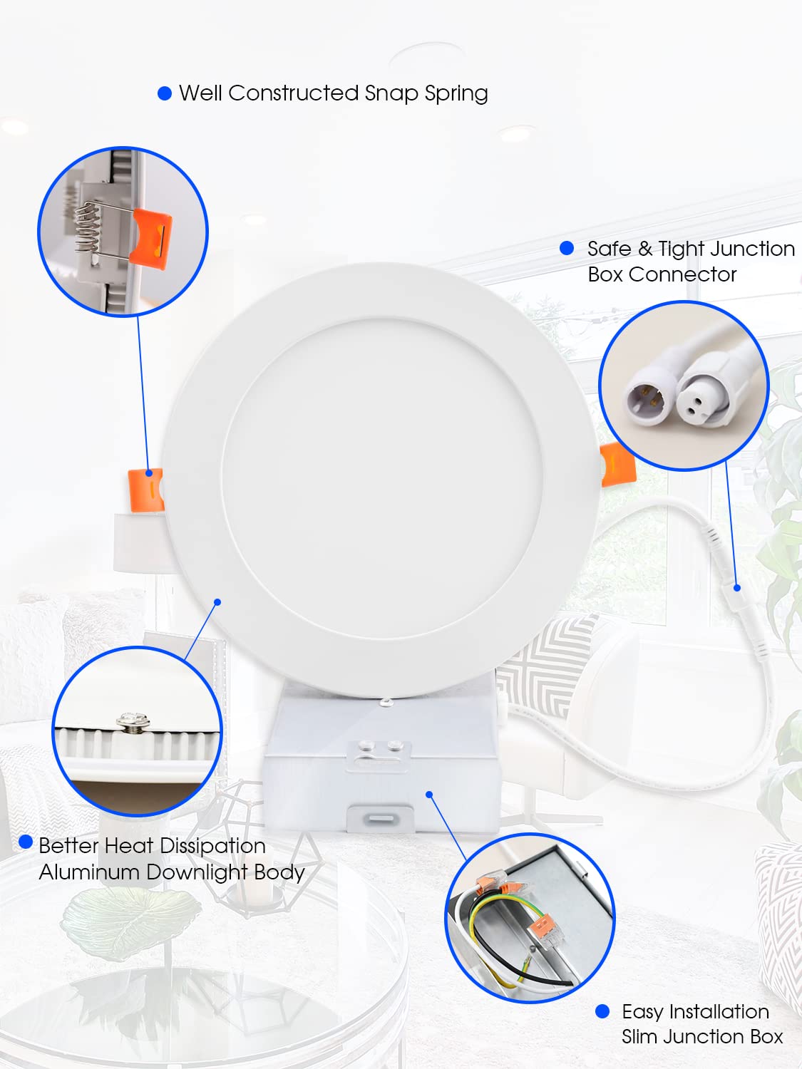 6 Inch Ultra-Thin Led Recessed Lighting With Junction Box, 3000K Warm White Canless Downlight, 12W=110W Eqv, Dimmable Led Ceiling Lights, 850Lm, Etl Certified, 6 Pack