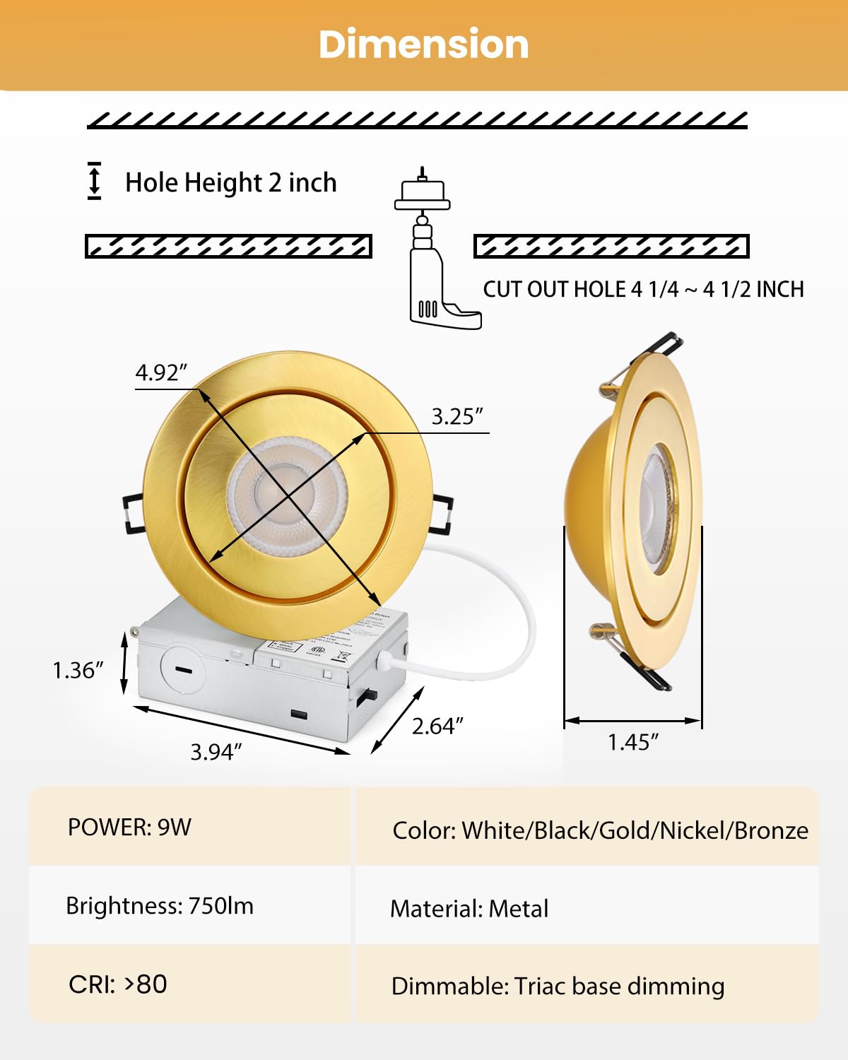 POPANU 4 Inch LED Recessed Light, 9W Gold Gimbal, Dimmable Spotlight, 90° Tilt, 6 Pack, Aluminum