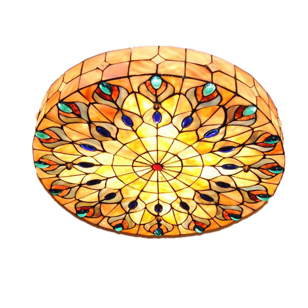 Vintage Tiffany Ceiling Light Hand-Made Colorful Chandelier Flush Mount Lighting Fixture, Lampshade with Colorful Design Decor (