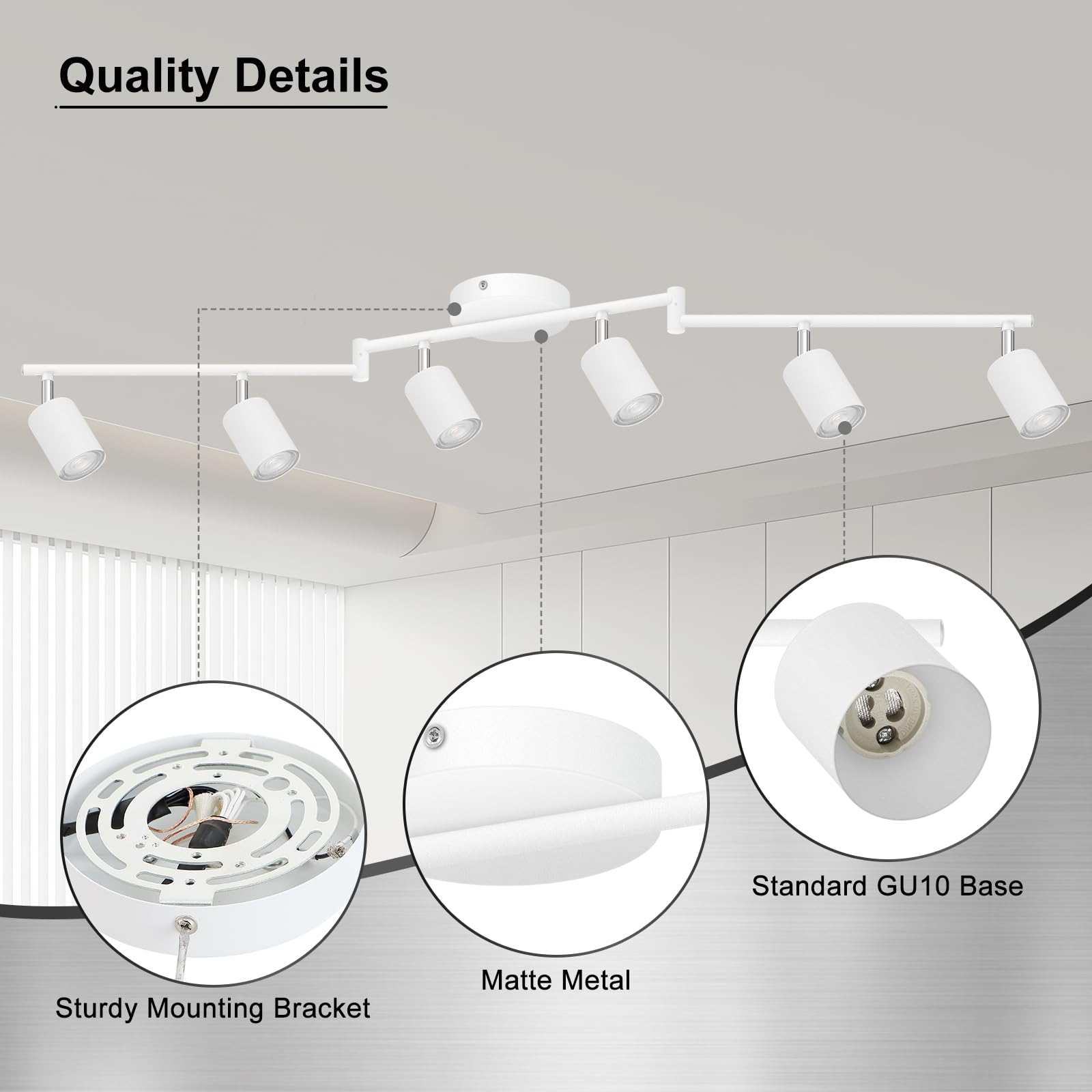 AUQUEE 6-Light Track Lighting Fixtures, Matte White, Rotatable Light Heads, Foldable Arms, Modern Design for Kitchen/Hallway, Model AQC0162US