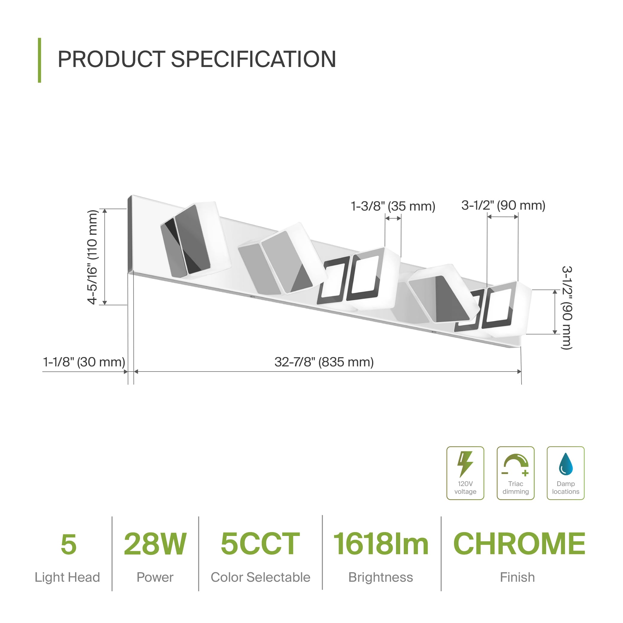 Asd Led 33 Inch Bathroom Vanity Light Fixture | 5-Lights 28W 1600Lm 2700-6000K 120V | 5Cct, Dimmable, Rotatable Heads, Etl Liste