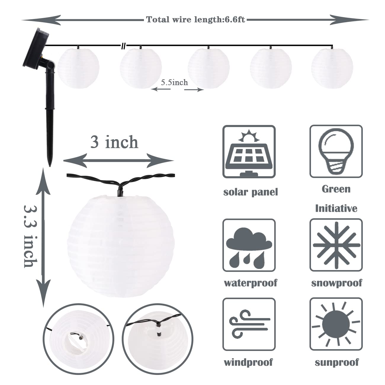Vigdur Solar Lantern String Lights - Waterproof Outdoor Patio Lights, 6.6FT, White, Model 4219740