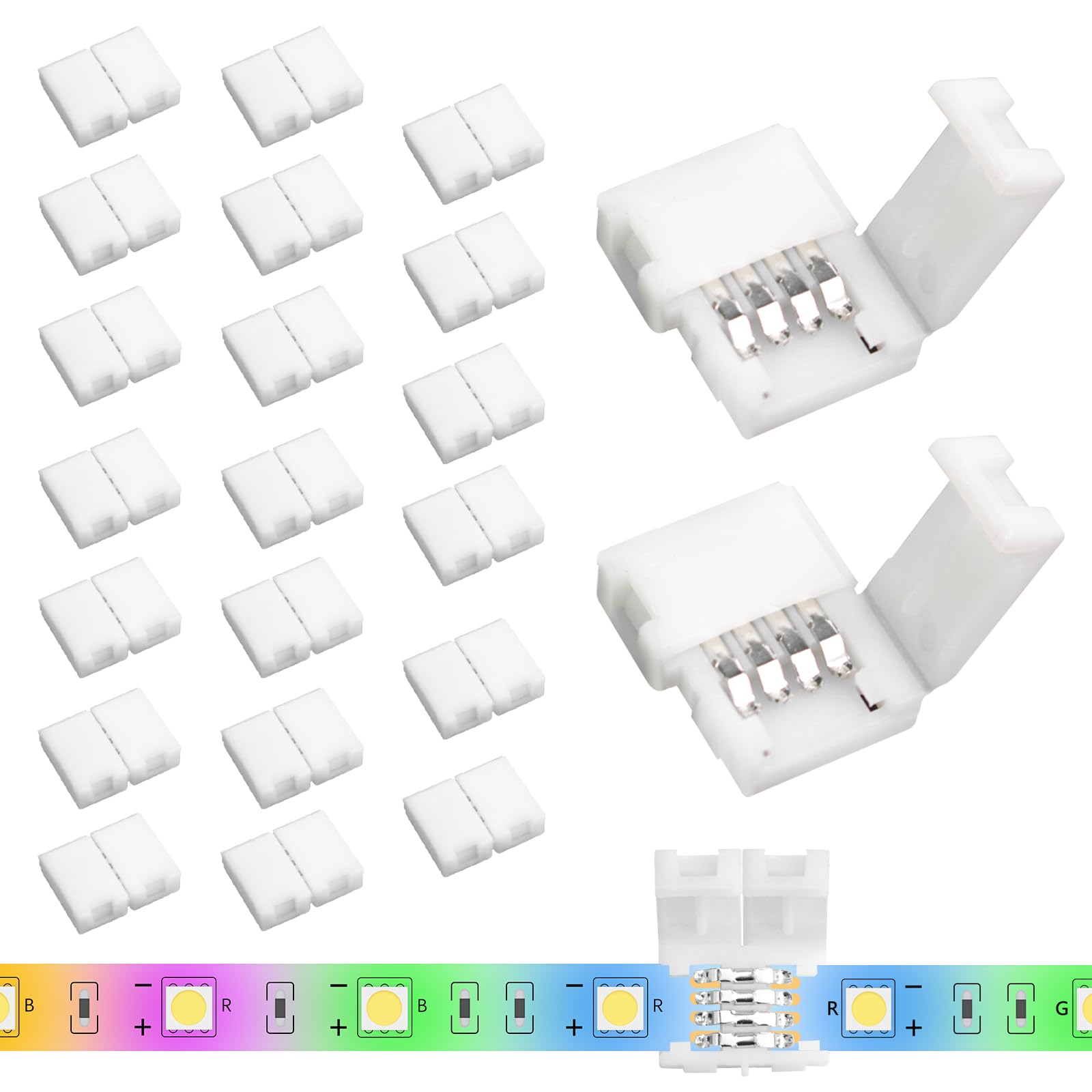 20Pcs 4-Pin 8Mm Led Strip Lights Connectors - Solderless, Extendable Terminal Adapters For Smd 2835 & 3528 Rgb Led Strip Lights