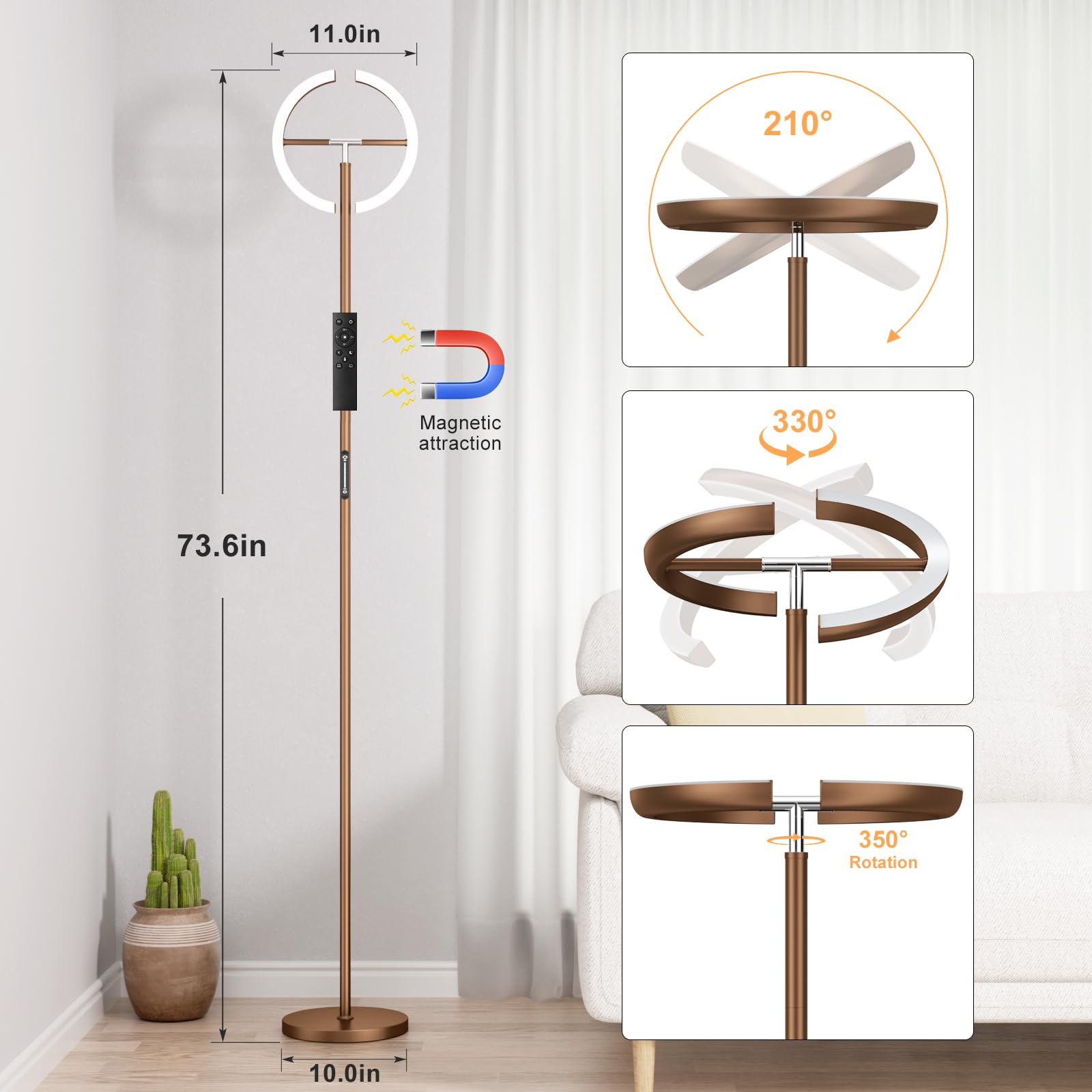 Preeotti Led Floor Lamp - 73.6'' Tall Modernstanding Lamp With 2 Rotatable Lights, Remote & Touch Control, 36W Bright Stepless D
