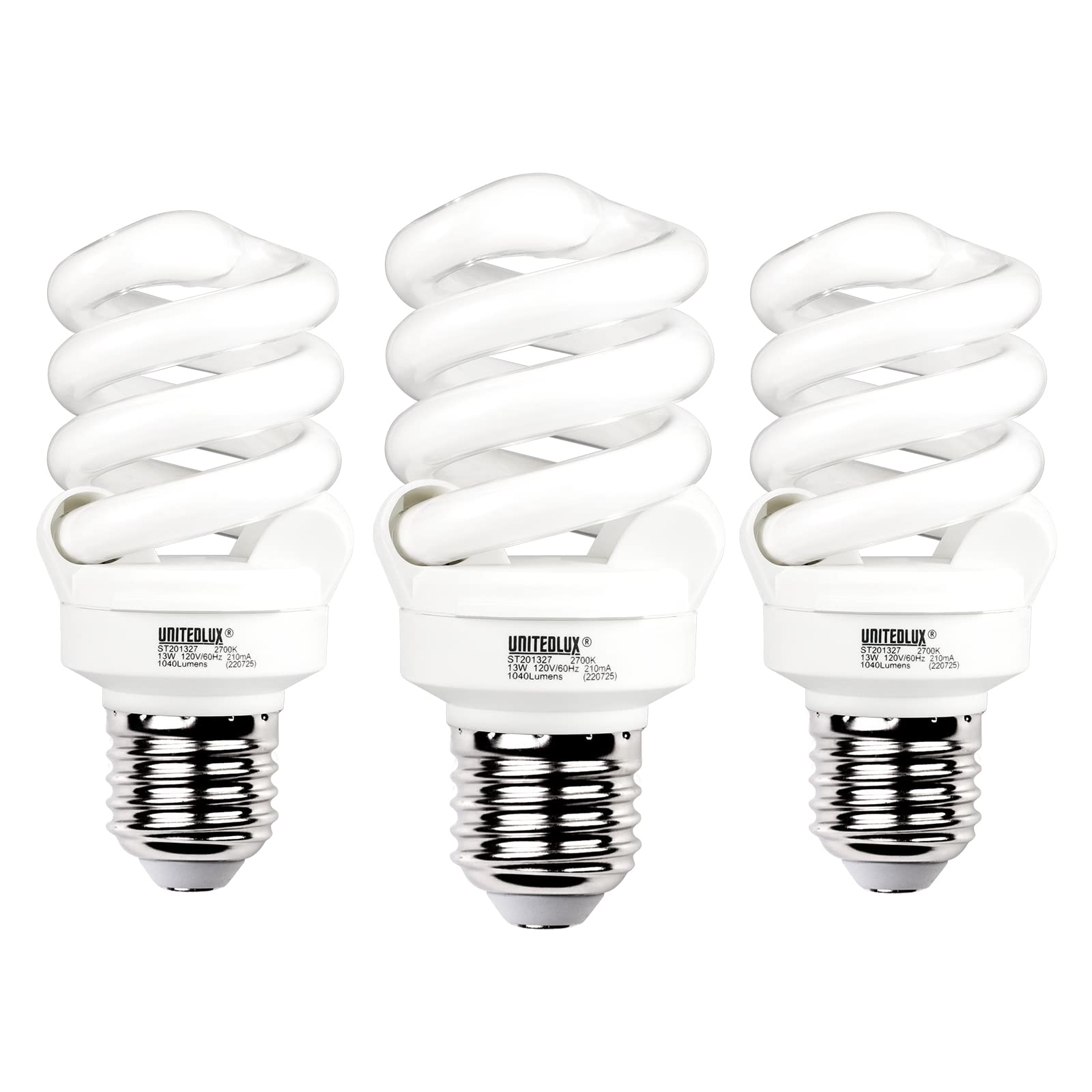 UNITEDLUX E26 Spiral CFL Light Bulbs 13W (60W Equivalent) Soft White 2700K, 3 Pack, Non-dimmable, 1040 Lumen