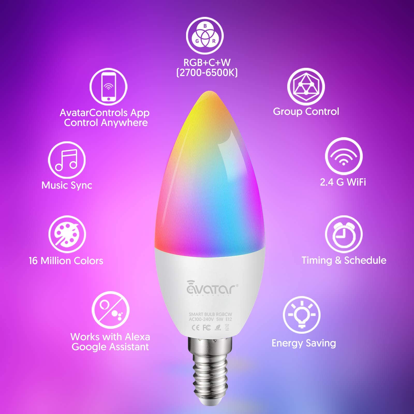 Avatar Controls E12 LED Light Bulb 5W Type B Smart Bulb, 4 Pack, RGBCW, 16 Million Colors, Compatible with Google Siri Alexa
