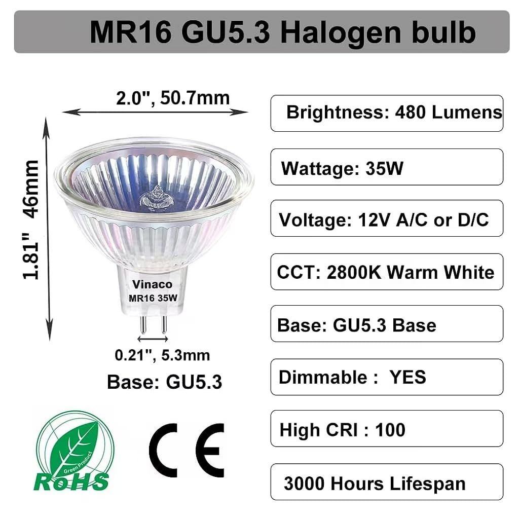 Vinaco Mr16 Bulb,10 Pack 35W Gu5.3 Base, 480Lm High Output 12V 35W Bulb, 2800K Warm White Mr16 Dimmable With Clear Glass Cover,