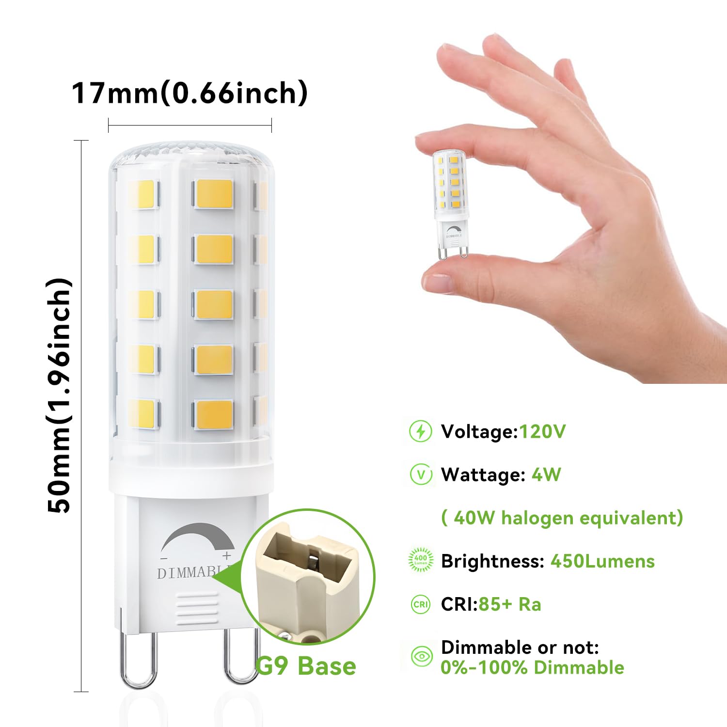 Tjoy 6 Pack Dimmable G9 Led Bulb 4W Equivalent 40 Watt, Daylight White 6000K, T4 G9 Bi-Pin Base Halogen Replacement, G 9 Socket