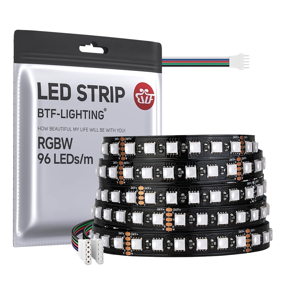 BTF-LIGHTING 5050 RGBW LED Tape Lights 5m 96LED/m DC24V IP30 Black PCB RGB+Cool White