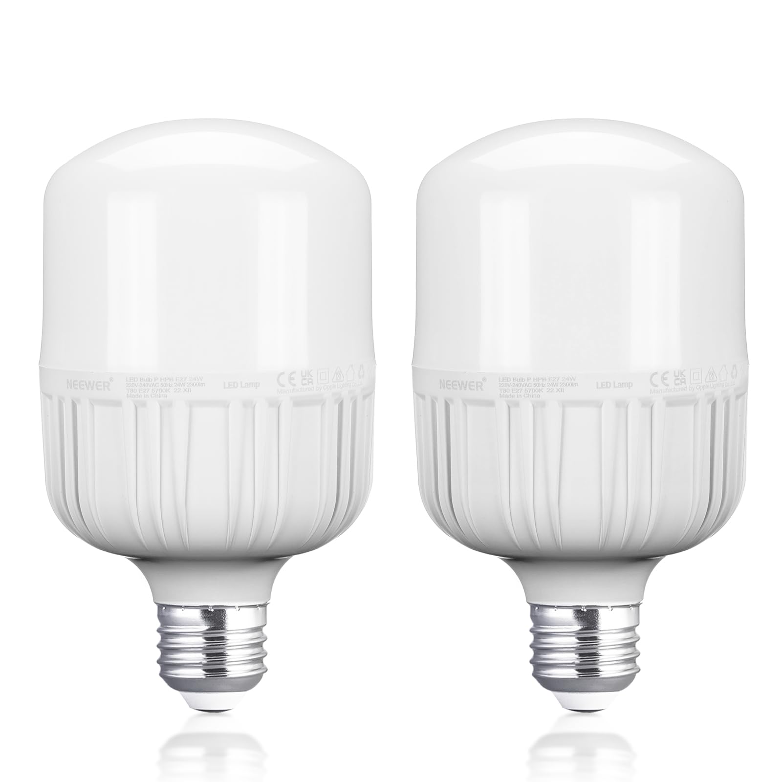 Neewer E26 24W Led Light Bulbs, 2 Packs, 2160 Lumens/5700K/Cri 93+/15000H Lifespan, Bright Video Photography Lighting, Silent/No