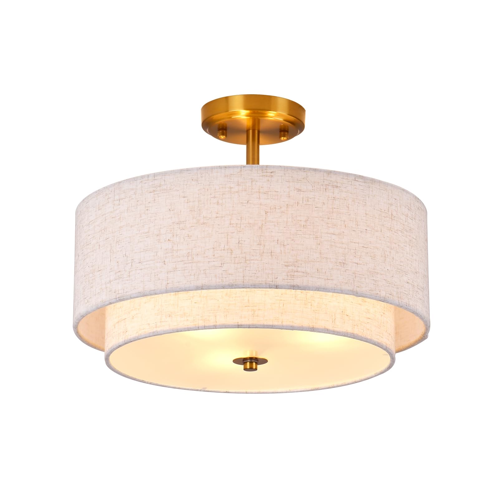 Kirahee 3-Light Semi Flush Mount Ceiling Light Fixture, 16" Gold Drum Light Fixture, Modern Close To Ceiling Light With 2-Laye Fabric Shade Lamps For Bedroom Living Dining Room Hallway Entryway Foyer