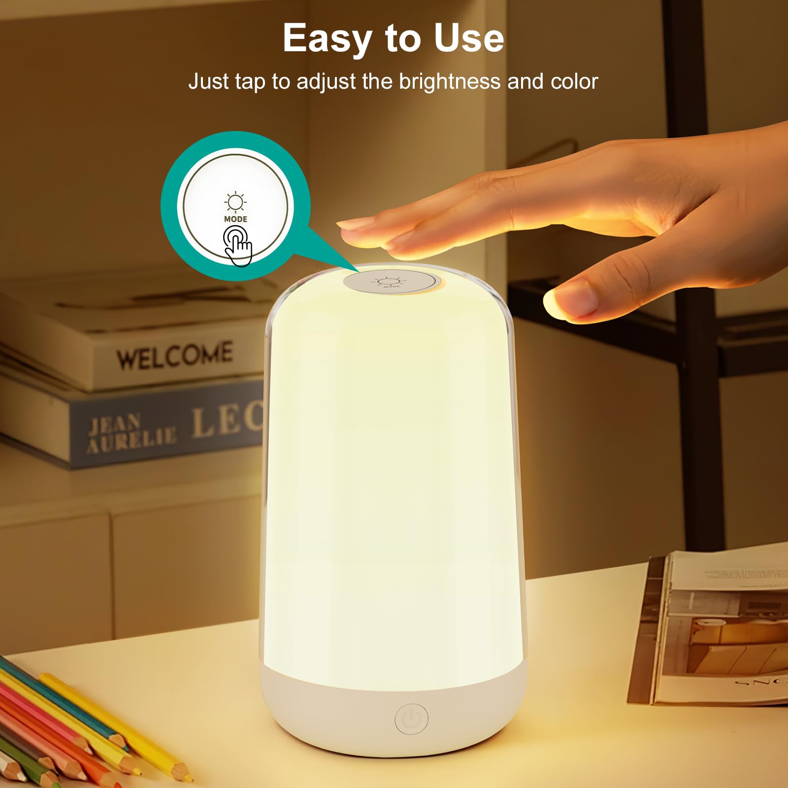 FRIDEKO RGB Touch Bedside Lamp - Dimmable Cordless Night Light, Small, White, Model L03134-99-US