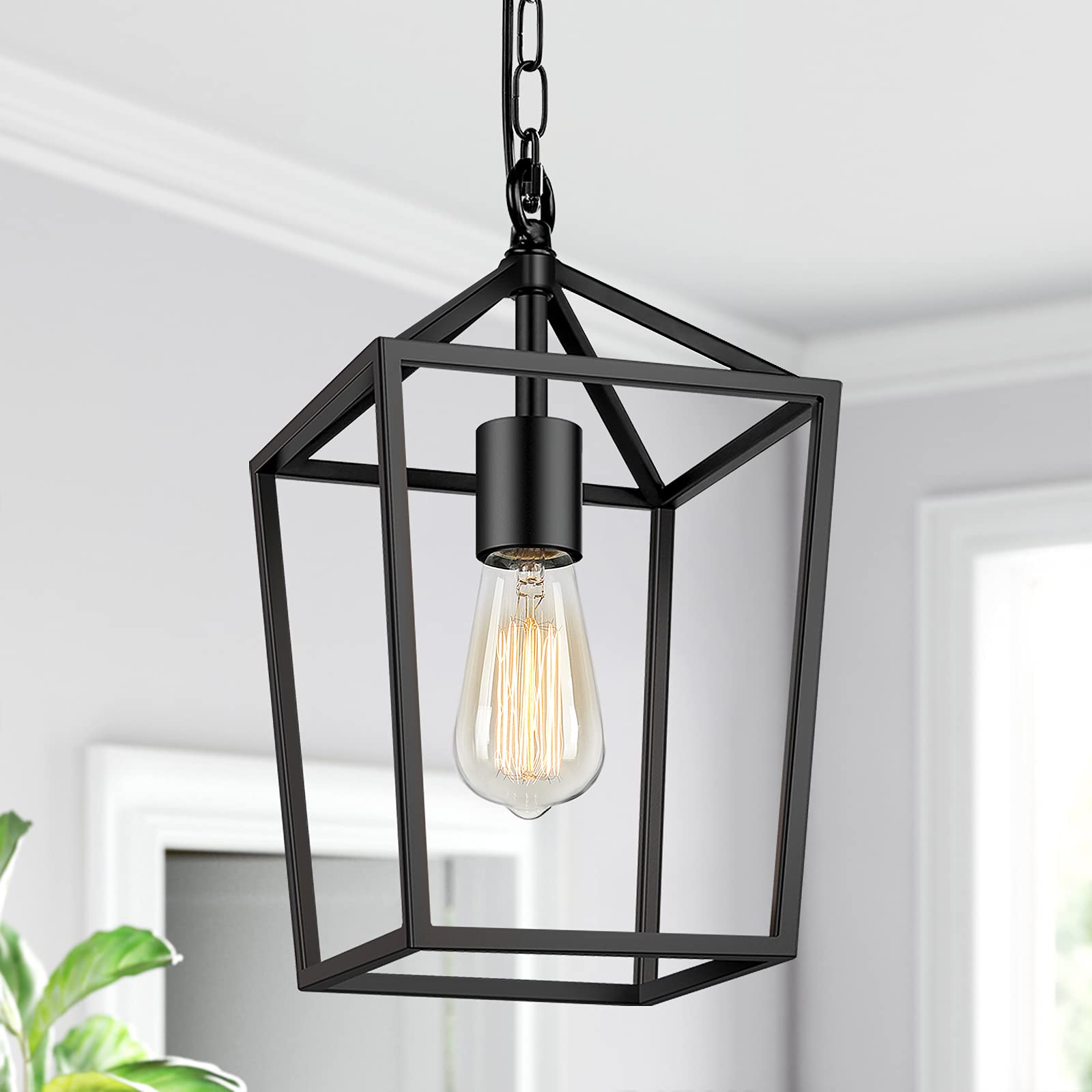 Beslowe Black Pendant Light - Industrial Metal Cage Chandelier For Kitchen Island & Dining Room