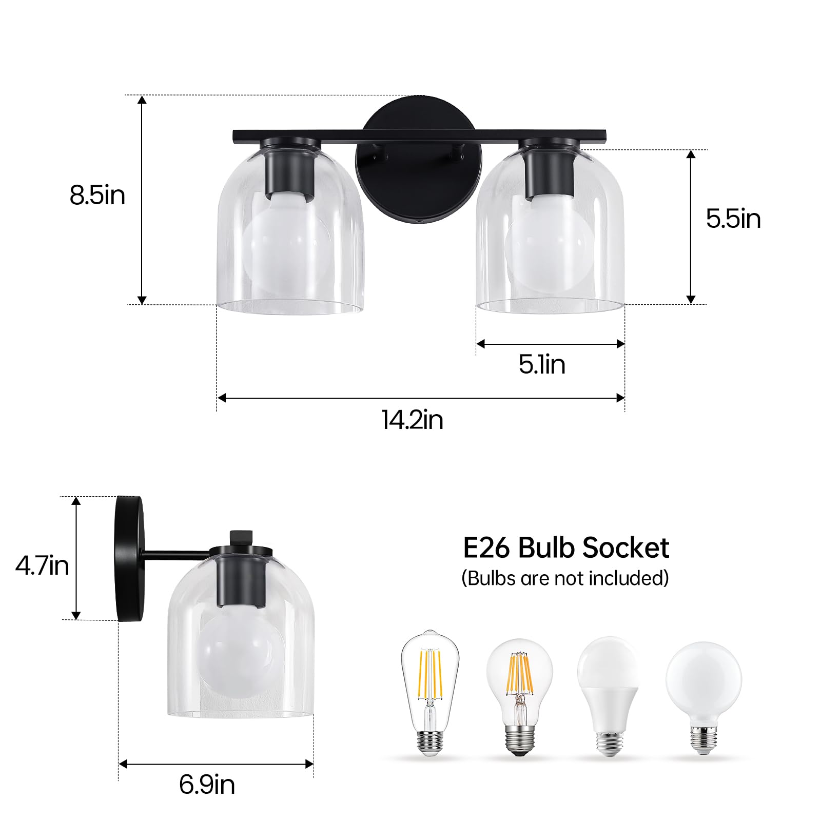 WOSHITU Bathroom Vanity Light Fixtures 2-Light Matte Black Aluminum Over Mirror, Model 8202 with Clear Glass Shade, 14.2 Inch