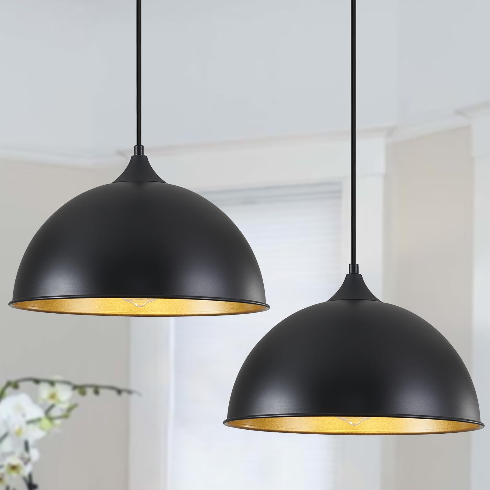 MIAYBPH Pendant Lighting for Kitchen Island, 2 Pack 12'' Dome Pendant Light Fixtures with Black and Gold Finish Farmhouse Indust