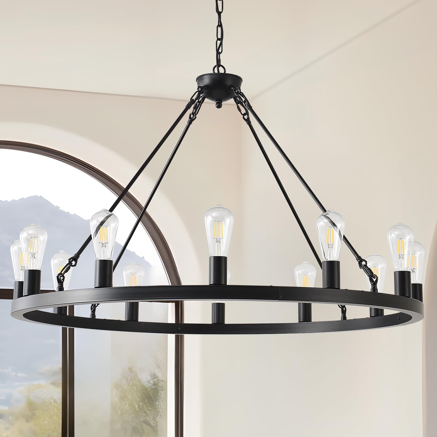 Zbmyrbzj 40    Farmhouse Wagon Wheel Chandelier,Black Rustic Chandelier 12-Lights Round Dining Room Light With Adjustable Height