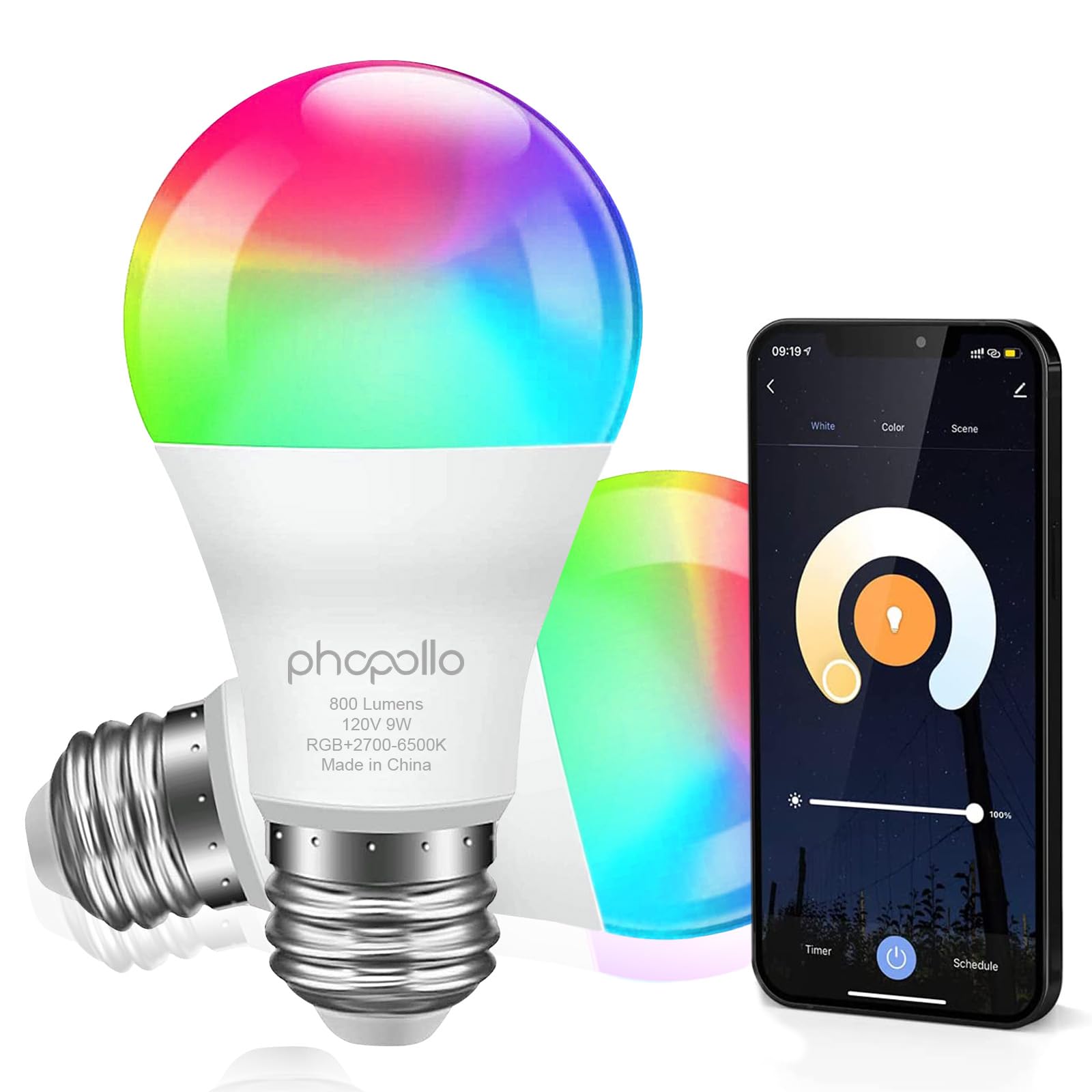 Phopollo Smart Light Bulbs, Rgbcw Wifi Multicolor Led Light Bulbs Compatible With Alexa & Google Home Assistant, A19 E26 9W 60W 