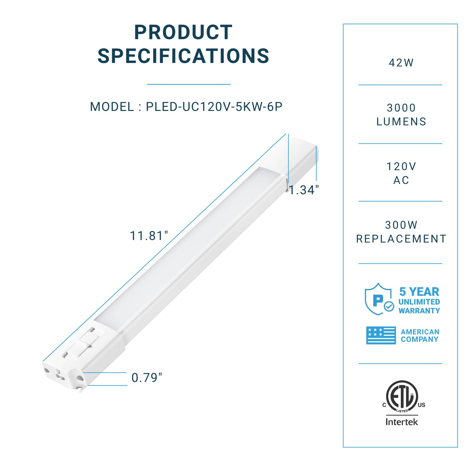 Parmida LED Under Cabinet Lighting Kit, 12 Inch, 5CCT Color Selectable, Dimmable, Linkable, Model PLED-UC120V-5KW-6P